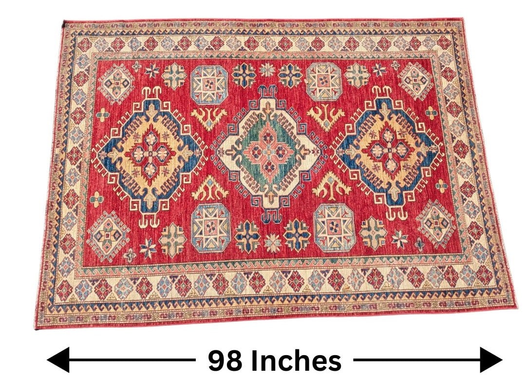 Large Afghan Kazak Oriental Wool Rug from Rugs As Art: Large Afghan Kazak Oriental Wool Rug from Rugs As Art. Triple diamond medallions in the center field, with multiple geometric patterns around them in the red field as well as in the cream-backed