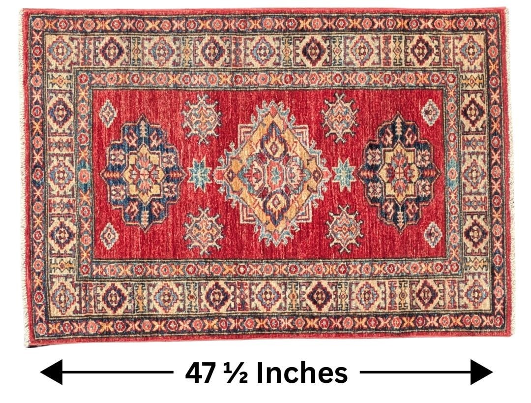 Afghan Kazak Oriental Wool Rug from Rugs As Art: Afghan Kazak Oriental Wool Rug from Rugs As Art. Large central diamond medallion with two smaller flower medallions on either side in the center field, with multiple geometric patterns around them in