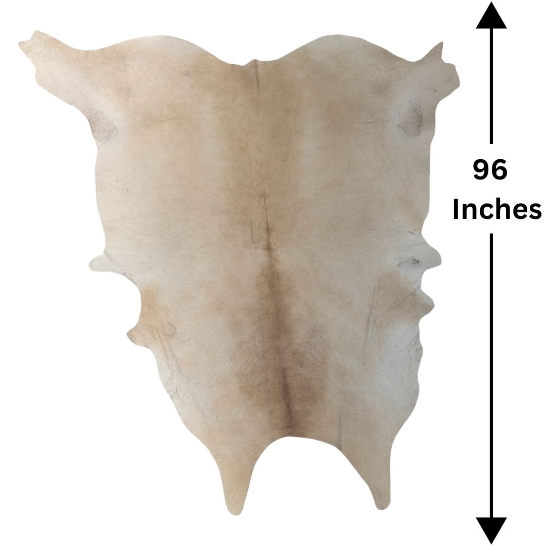 Beige Natural Cowhide Area Rug: Beige Natural Cowhide Area Rug. Large, light beige cowhide rug measuring 96 inches in length. Size: 96 x 87 Inches