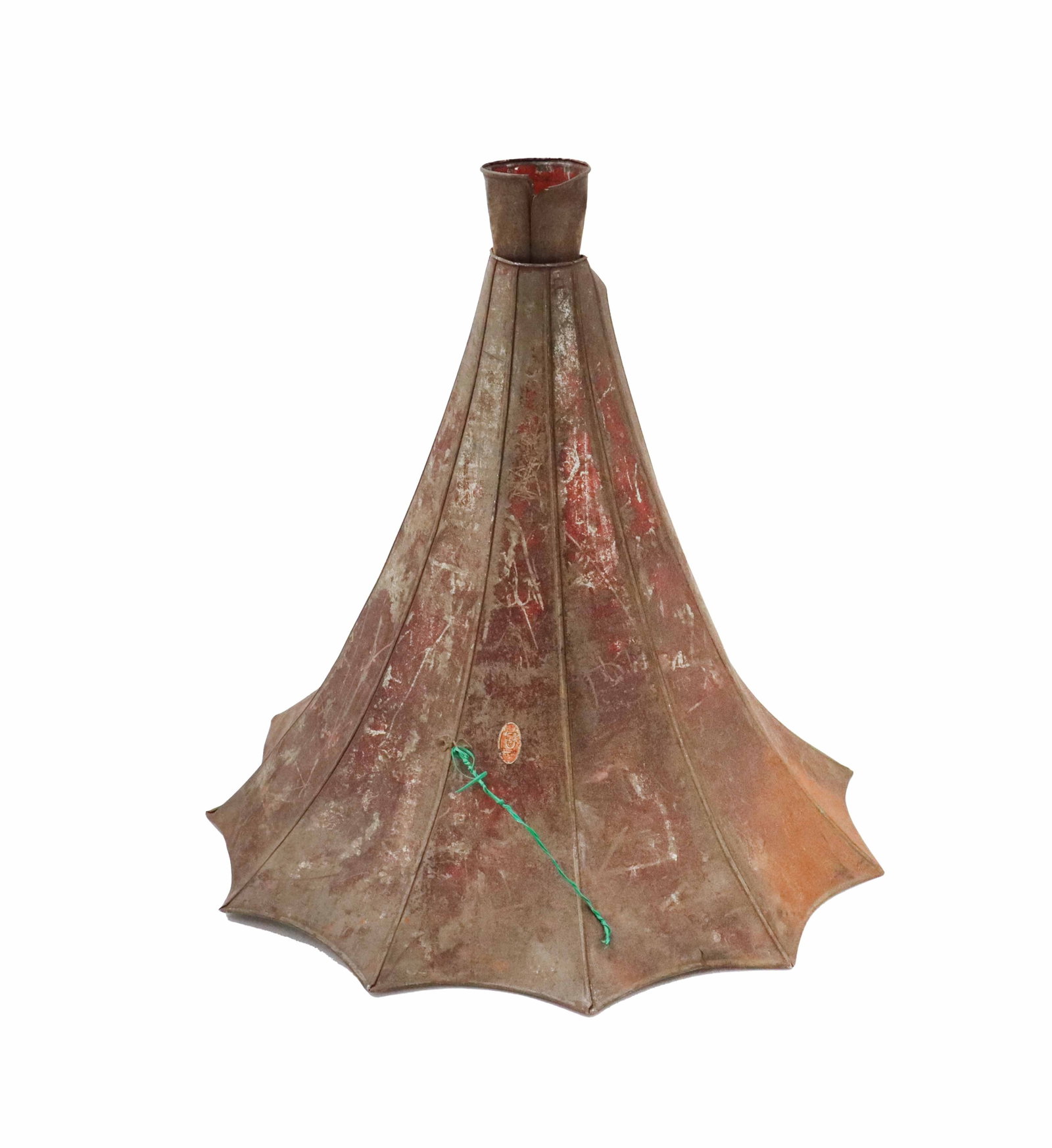 Vintage Metal Gramophone Horn: Vintage Metal Gramophone Horn. Vintage, weathered metal gramophone horn featuring a fluted, conical design with a distressed reddish-brown patina and a scalloped edge. Size: 22 x 22 x 21 1/2 in. The g