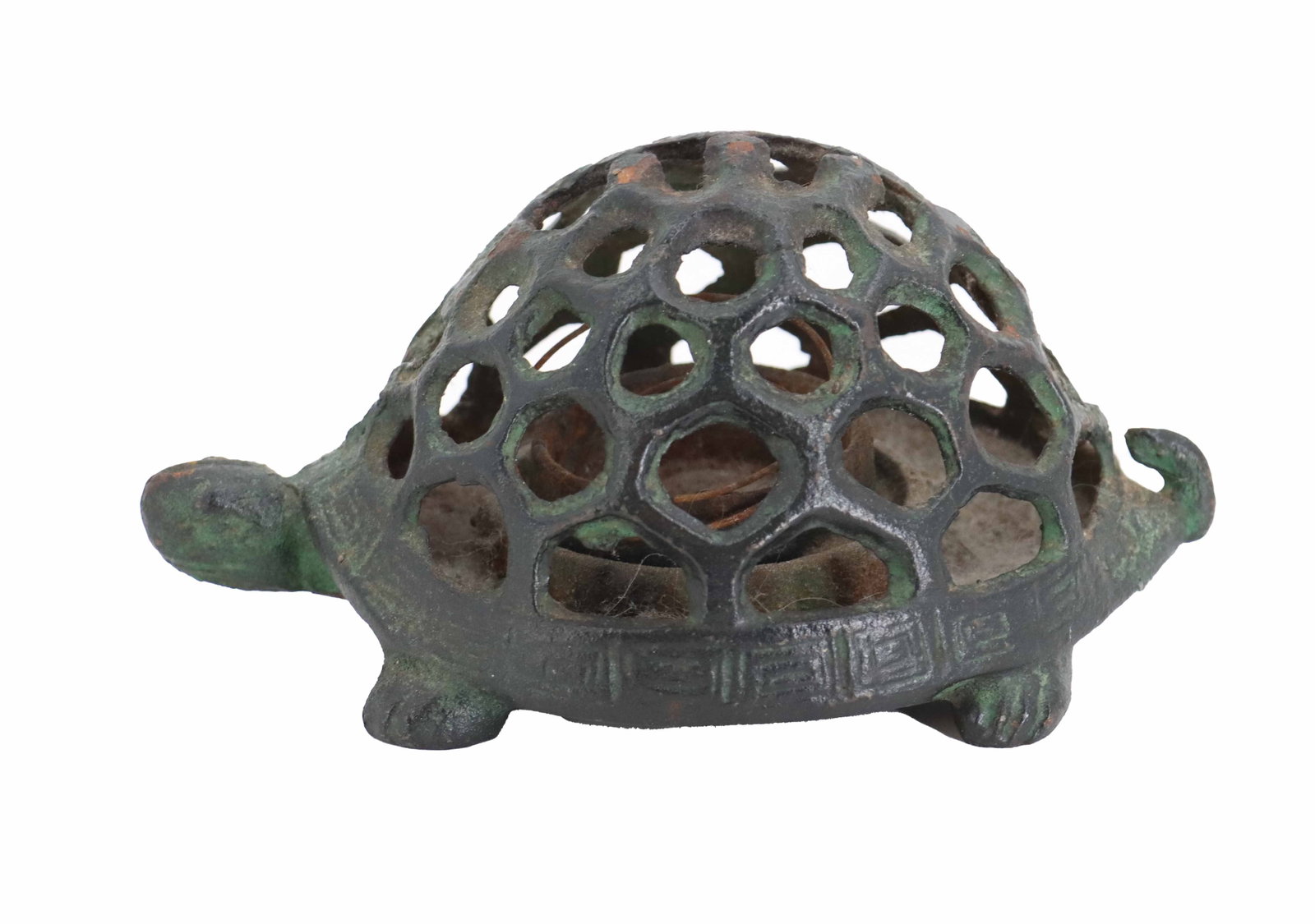 Antique Chinoiserie Cast Iron Tortoise Tea Light or Incense Burner: Antique Chinoiserie Cast Iron Tortoise Tea Light or Incense Burner. A form developed in the Victorian period, with a flat bottom bearing geometric decorations at the base of the large shell, which is