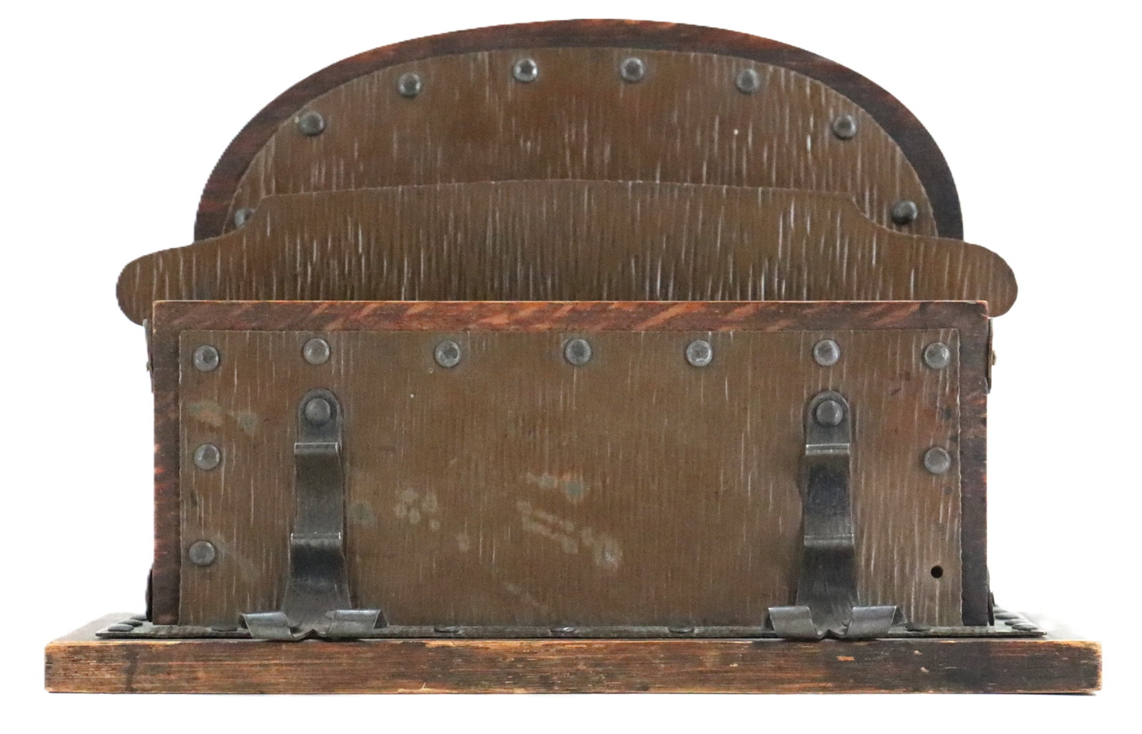 Antique Arts & Crafts Oak and Copper Letter Holder: Antique Arts & Crafts Oak and Copper Letter Holder. The large domed shape has a central thin metal piece which can be removed to make a larger space in the main area instead of two separate
