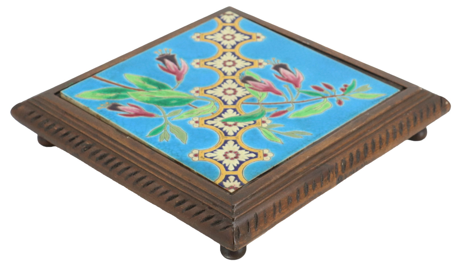 Vintage French Longwy Jugendstil Ceramic Tile and Wood Square Trivet (1 of 14)