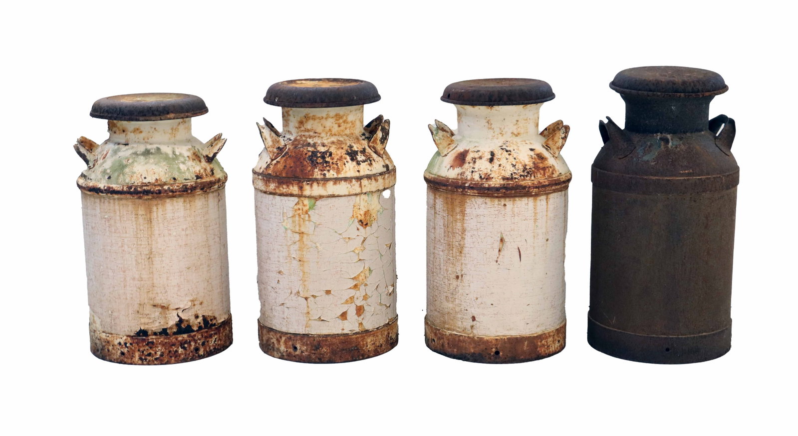 (4) Antique American Metal Milk Jugs - AS IS: (4) Antique American Metal Milk Jugs - AS IS. Likely made of steel, aluminum, or tin, with a protective layer of white paint on three of them that are all showing signs of age. The last one has a