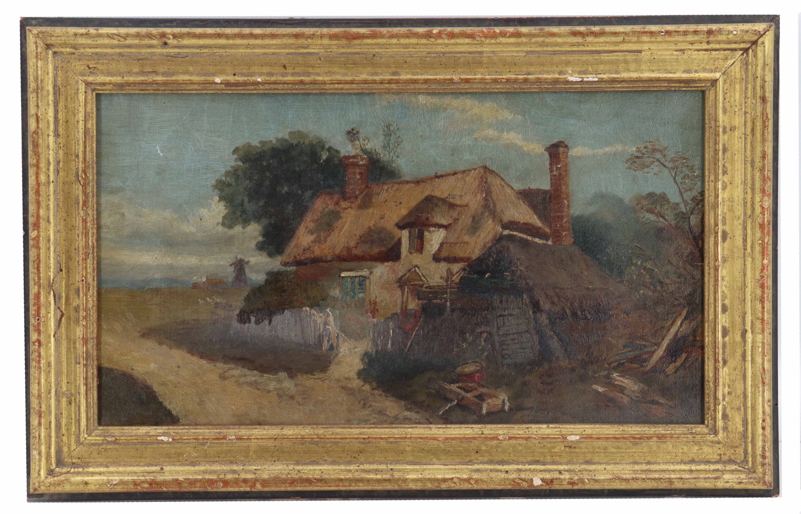 19th Century British School Oil on Canvas Rural Landscape: 19th Century British School Oil on Canvas Rural Landscape. Pastoral scene featuring a thatched-roof cottage with prominent brick chimneys nestled beside a winding dirt path, with a