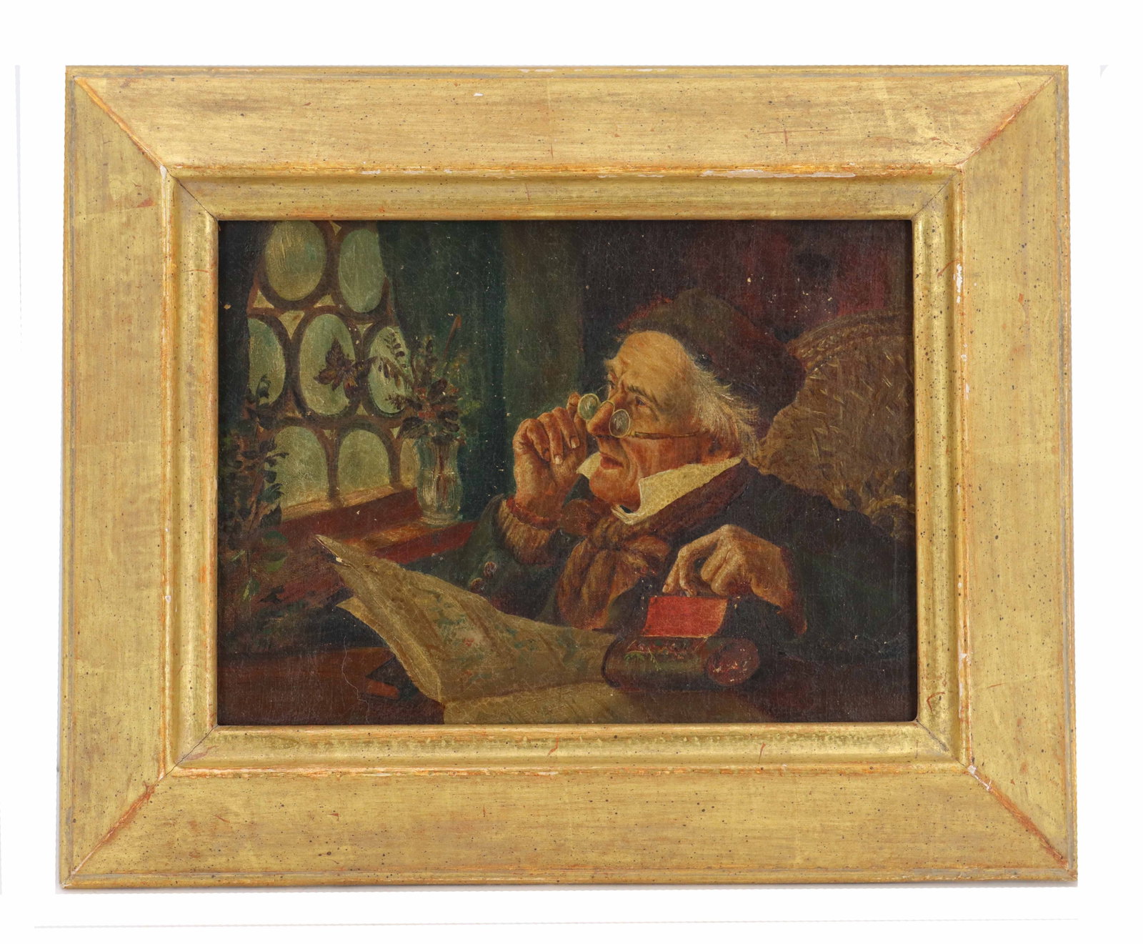 Antique Continental Oil on Canvas Genre Scene of Scholar Reading: Antique Continental Oil on Canvas Genere Scene of Scholar Reading. Character study depicting an elderly gentleman in a skullcap peering over his spectacles while holding an open newspaper,