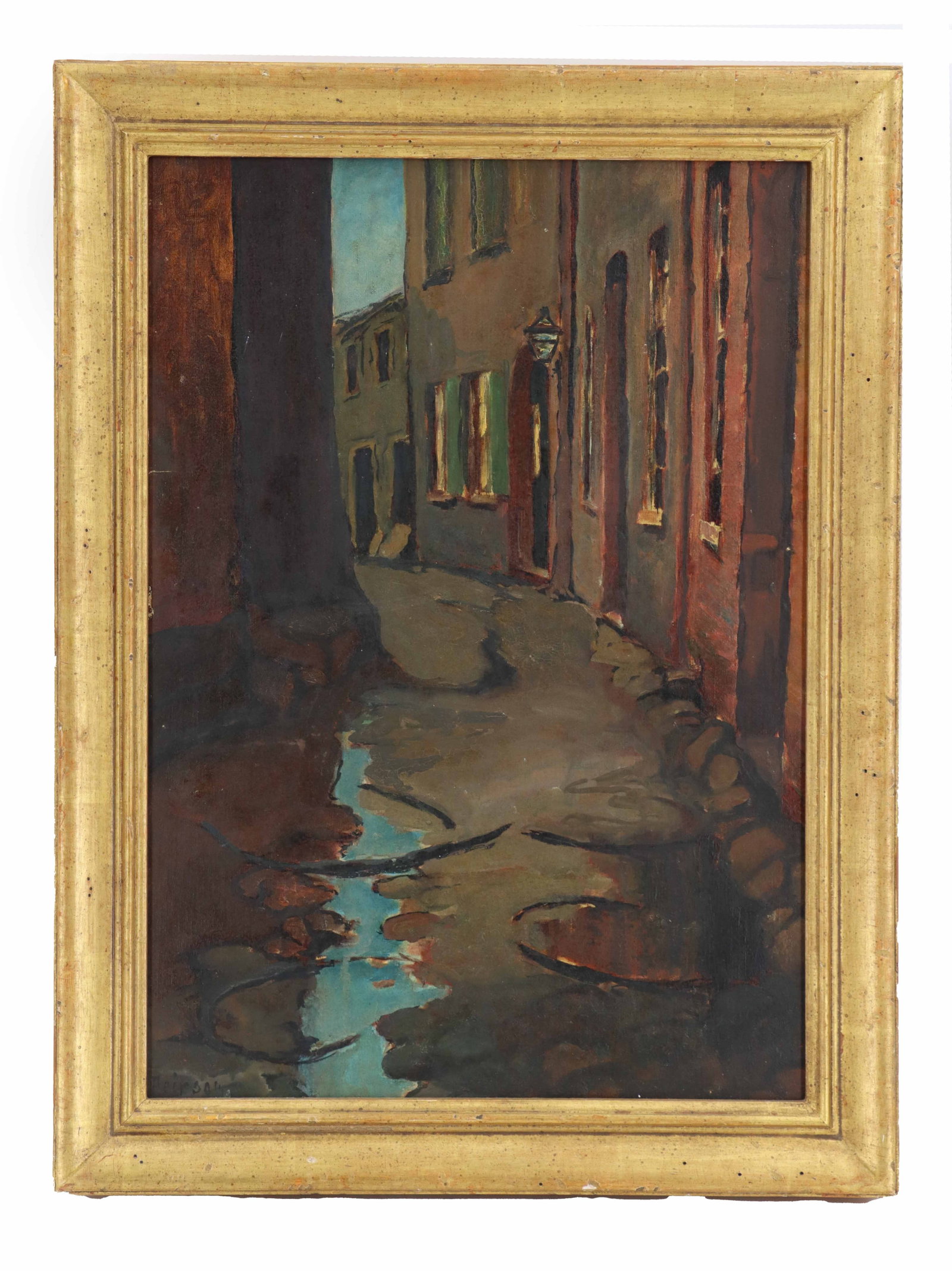 Sleetia Kelsey (1947-2023) American, Oil on Canvas Urban Landscape: Sleetia Kelsey (1947-2024) American, Oil on Canvas Urban Landscape. A moody, narrow urban alleyway at twilight, characterized by deep, shadowed tones and a reflective puddle mirroring the p