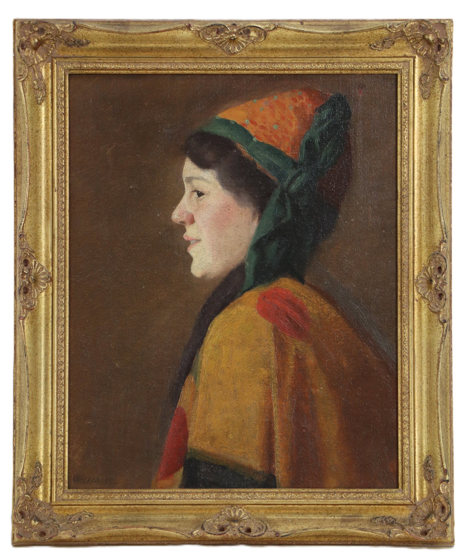 Signed Williams Oil on Canvas Portrait of a Woman: Signed Williams Oil on Canvas Portrait of a Woman. Portrait of a woman in profile wearing a colorful orange headpiece with a green ribbon and a patterned yellow and red garment. Signed lower