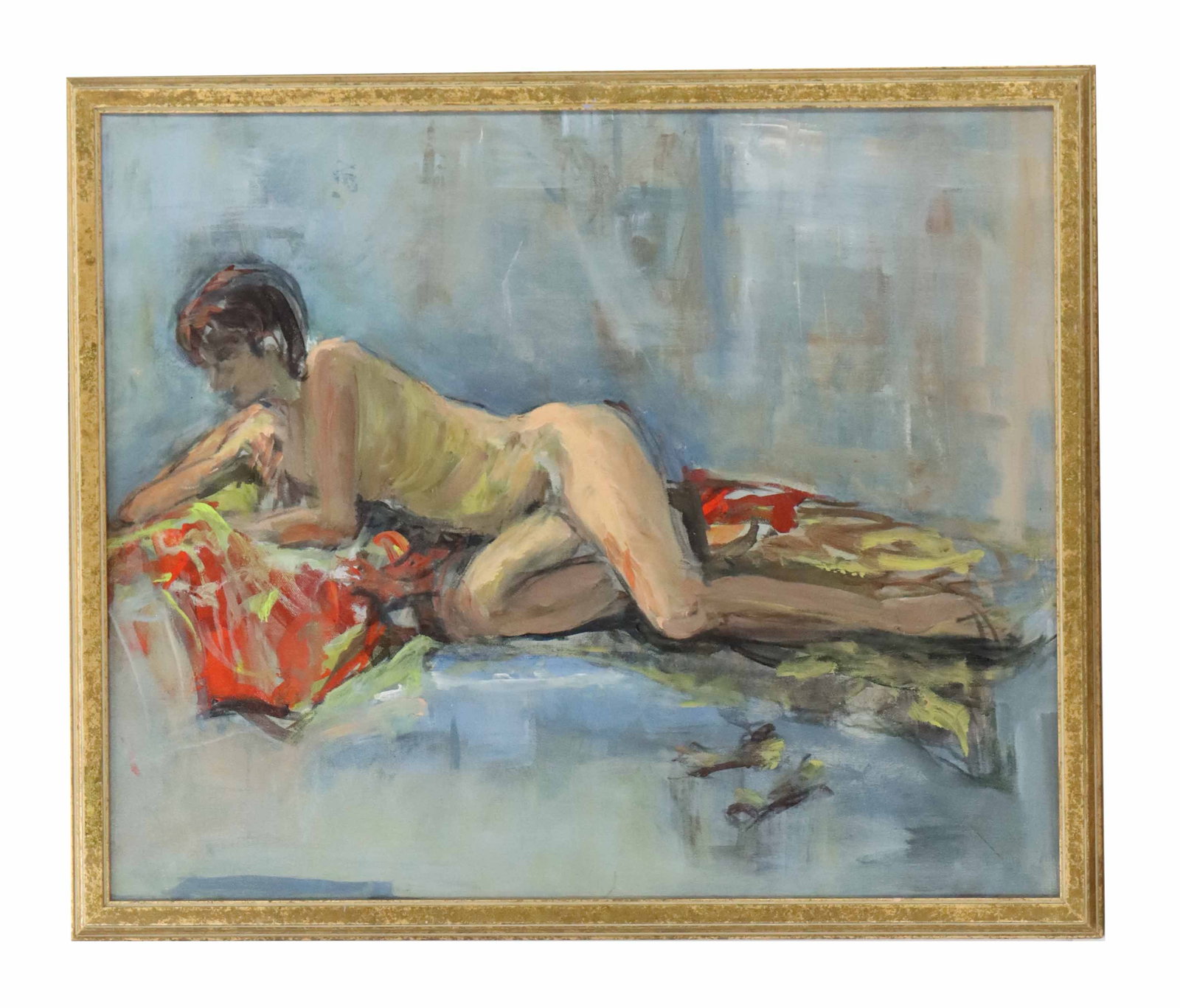 Signed Oil on Canvas Reclining Nude: Signed Oil on Canvas Reclining Nude. expressive, gestural oil painting of a reclining nude figure resting on a bed of vibrant red and yellow fabrics against a muted blue and grey background. Signed ve