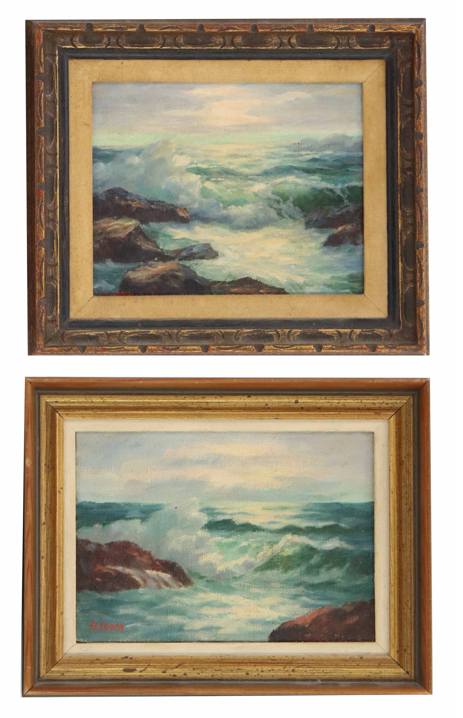 (2) Signed Brown Oil on Canvas Impressionist Seascapes (1 of 15)
