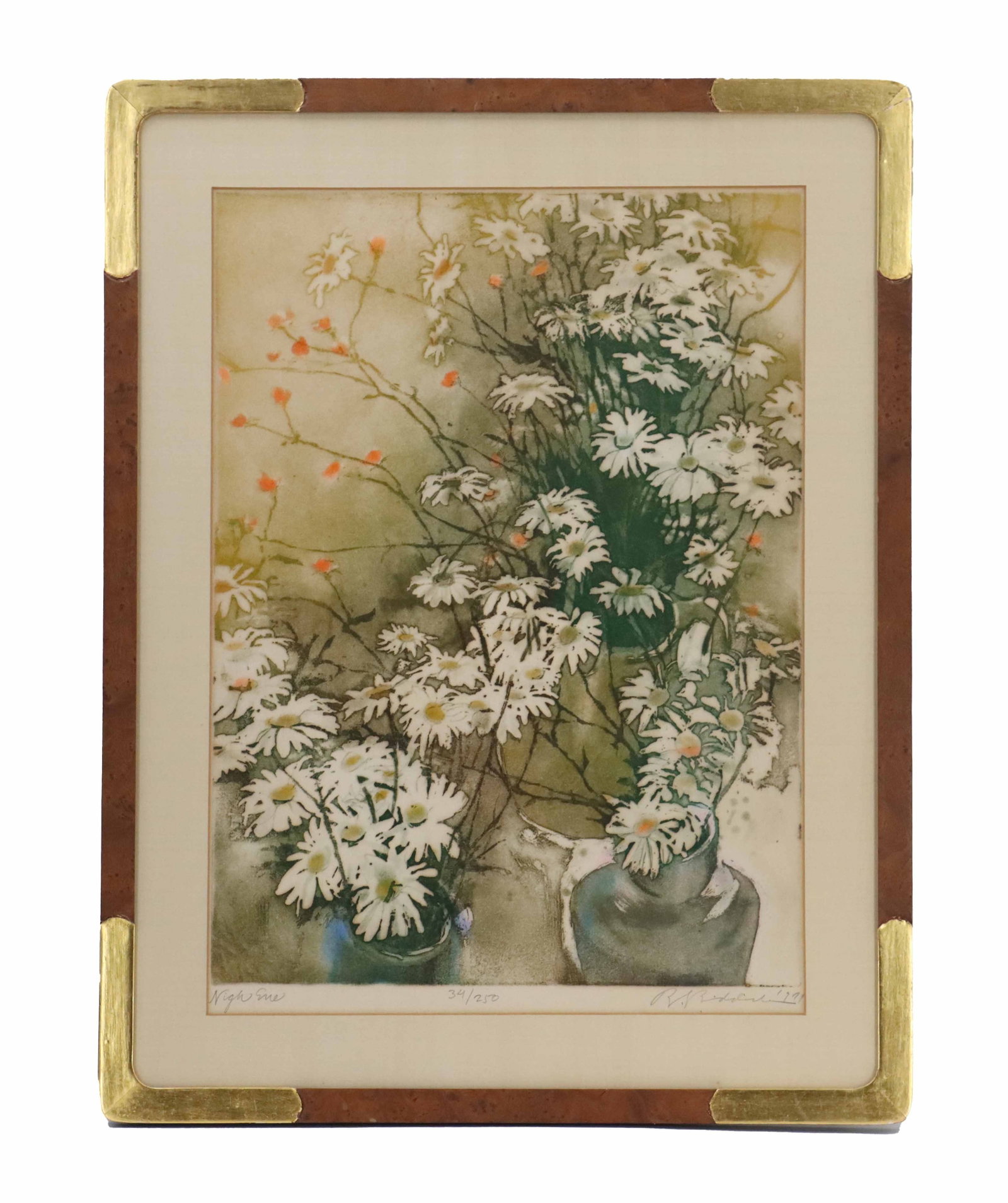 R. S Riddick (20th Century) American, Etching Print Floral "Nighttime": R. S Riddick (20th Century) American, Lithograph Print Floral "Nighttime". Limited edition etching depicting a delicate floral arrangement of white daisies and small orange buds