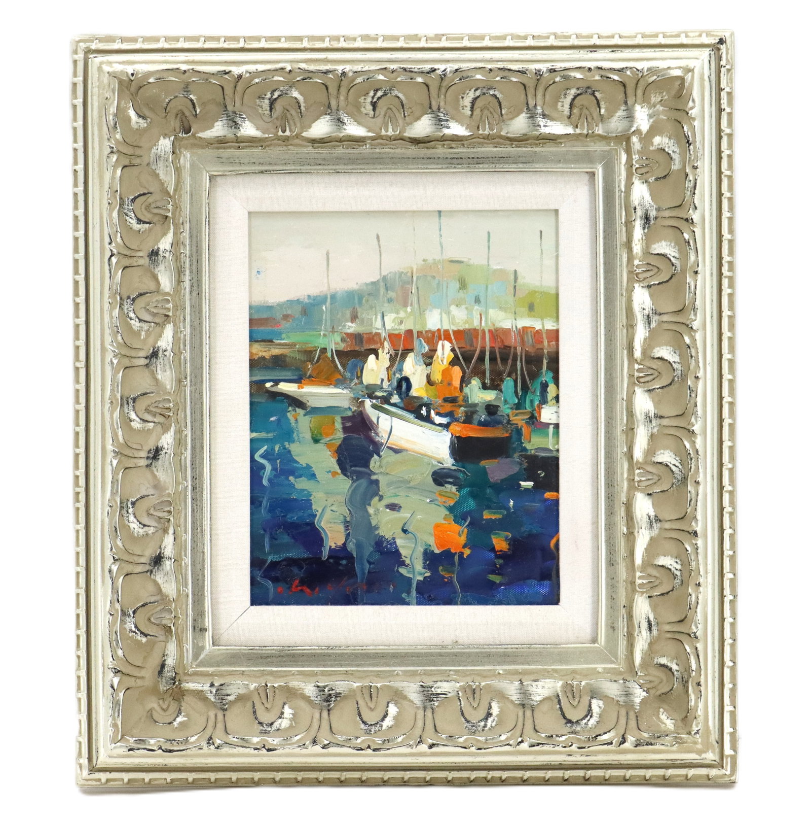 Signed Oil on Canvas Impressionist Harbor Scene (1 of 8)