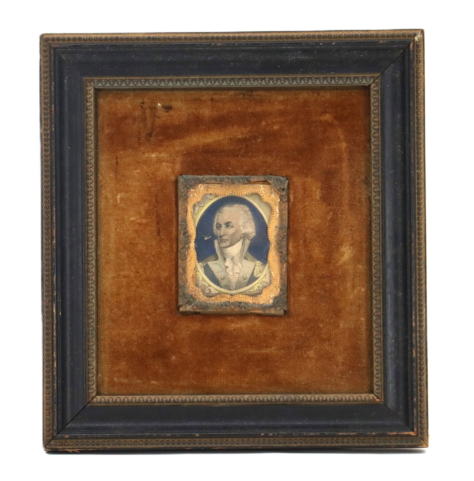 18th Century Miniature Hand-Colored Portrait Engraving of a Gentleman in Military Attire: 18th Century Miniature Hand-Colored Portrait Engraving of a Gentleman in Military Attire. Miniature oval portrait of a gentleman in 18th-century military attire, set within a decorative golden