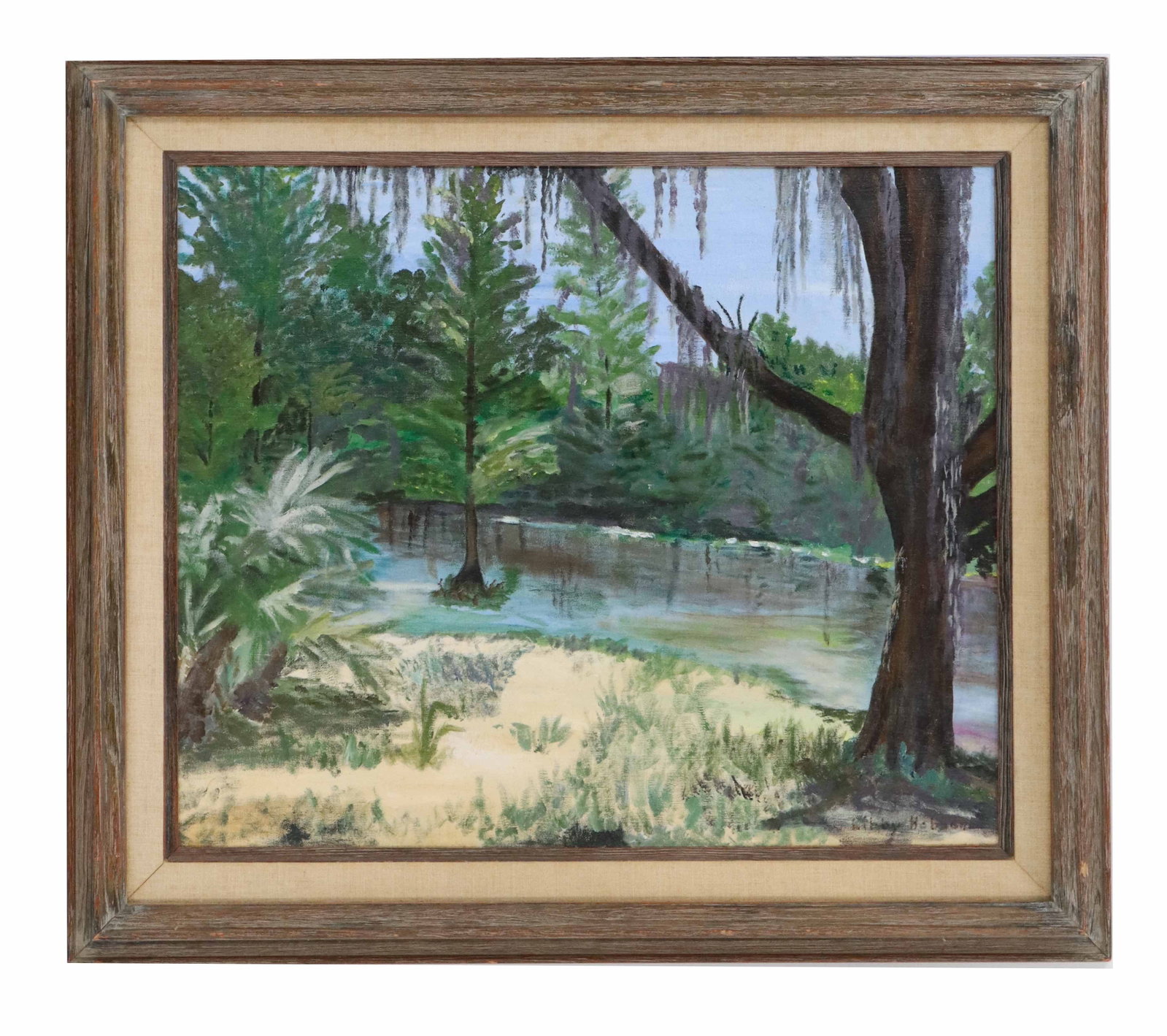 Libby Hobson (20th Century) American, South Carolina Landscape Oil on Canvas: Libby Hobson (20th Century) American, South Carolina Landscape Oil on Canvas. Showcases the regional artist's self-taught style similar to the Florida Highwaymen, capturing the dream-like deep
