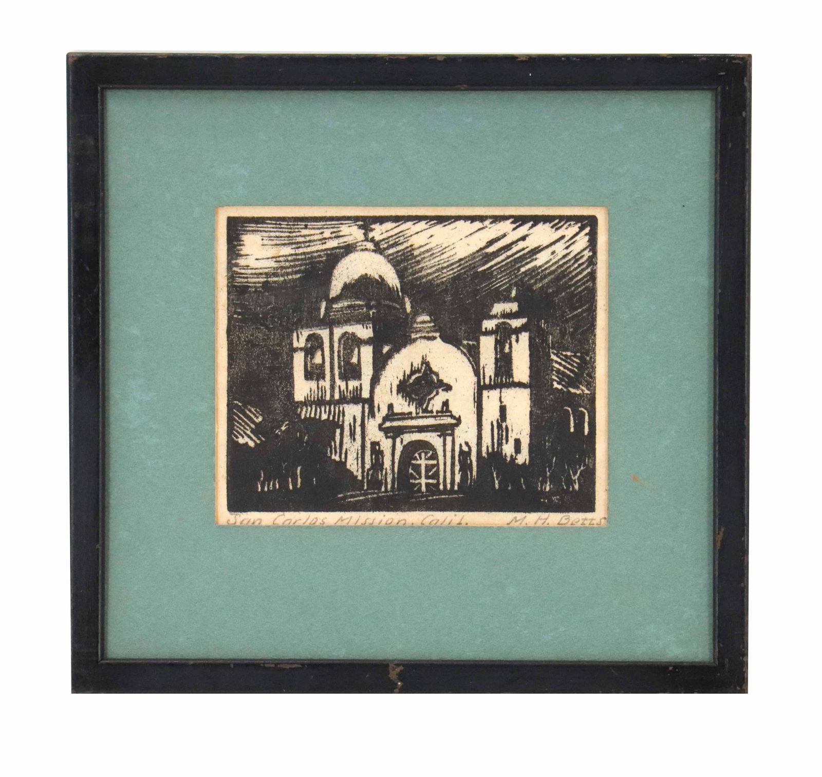 M. H. Betts (20th Century) American, Woodcut Print Architectural Landscape "San Carlos Mission, (1 of 8)