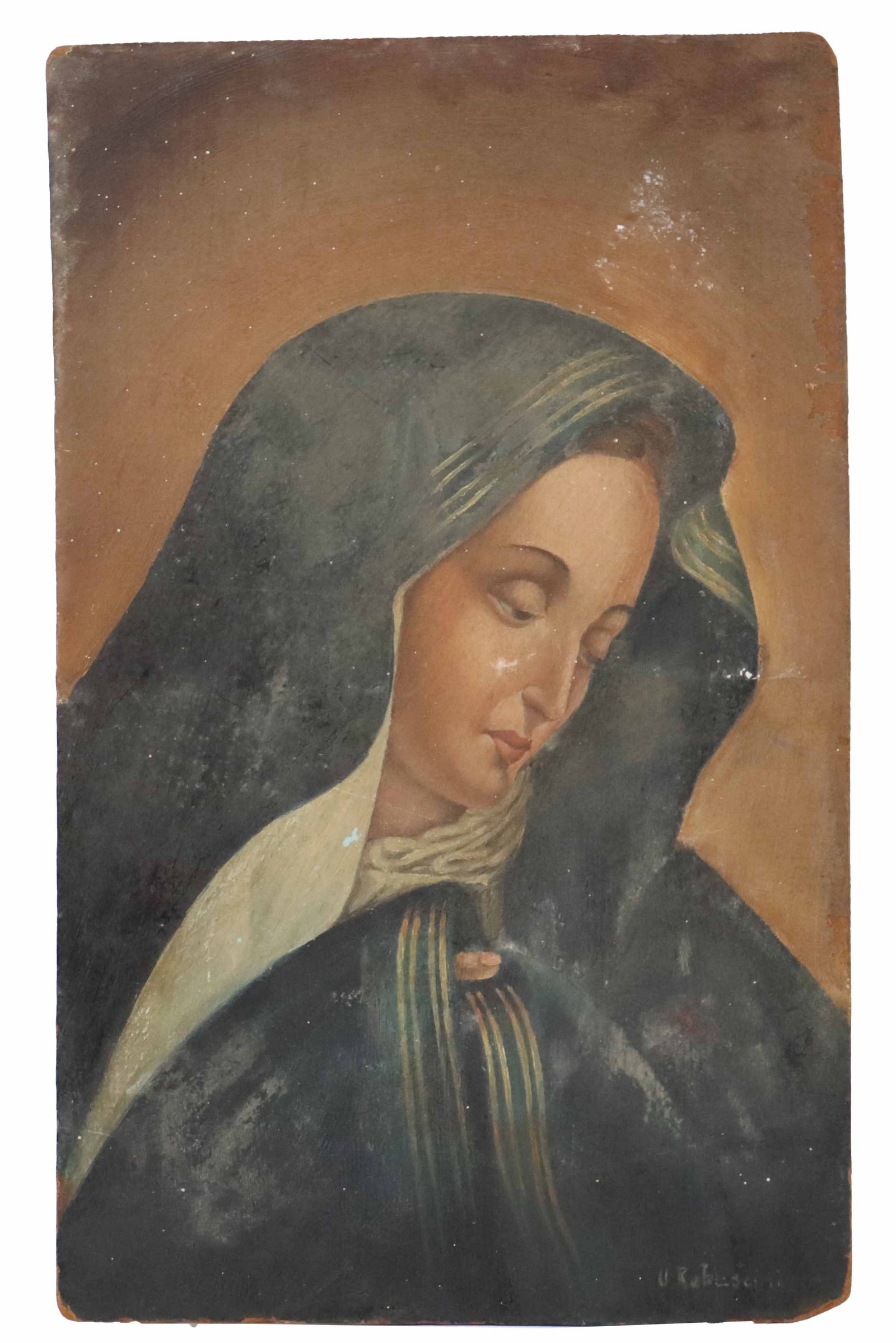 Signed Italian Madonna "Mother of Sorrows" Oil on Hardboard Panel: Signed Italian Madonna "Mother of Sorrows" Oil on Hardboard Panel. The painting depicts the Mater Dolorosa (Mother of Sorrows), a common subject in religious art of the Virgin Mary expr