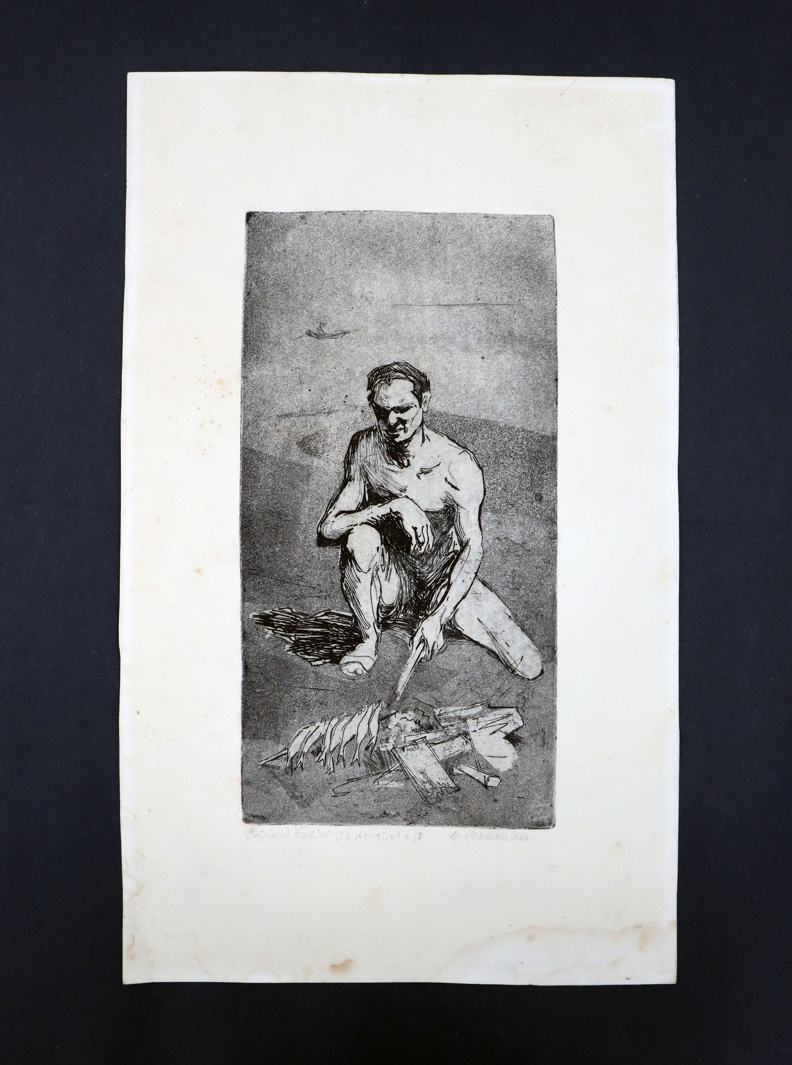 Signed German Etching and Aquatint, Man Cooking Fish (1 of 10)