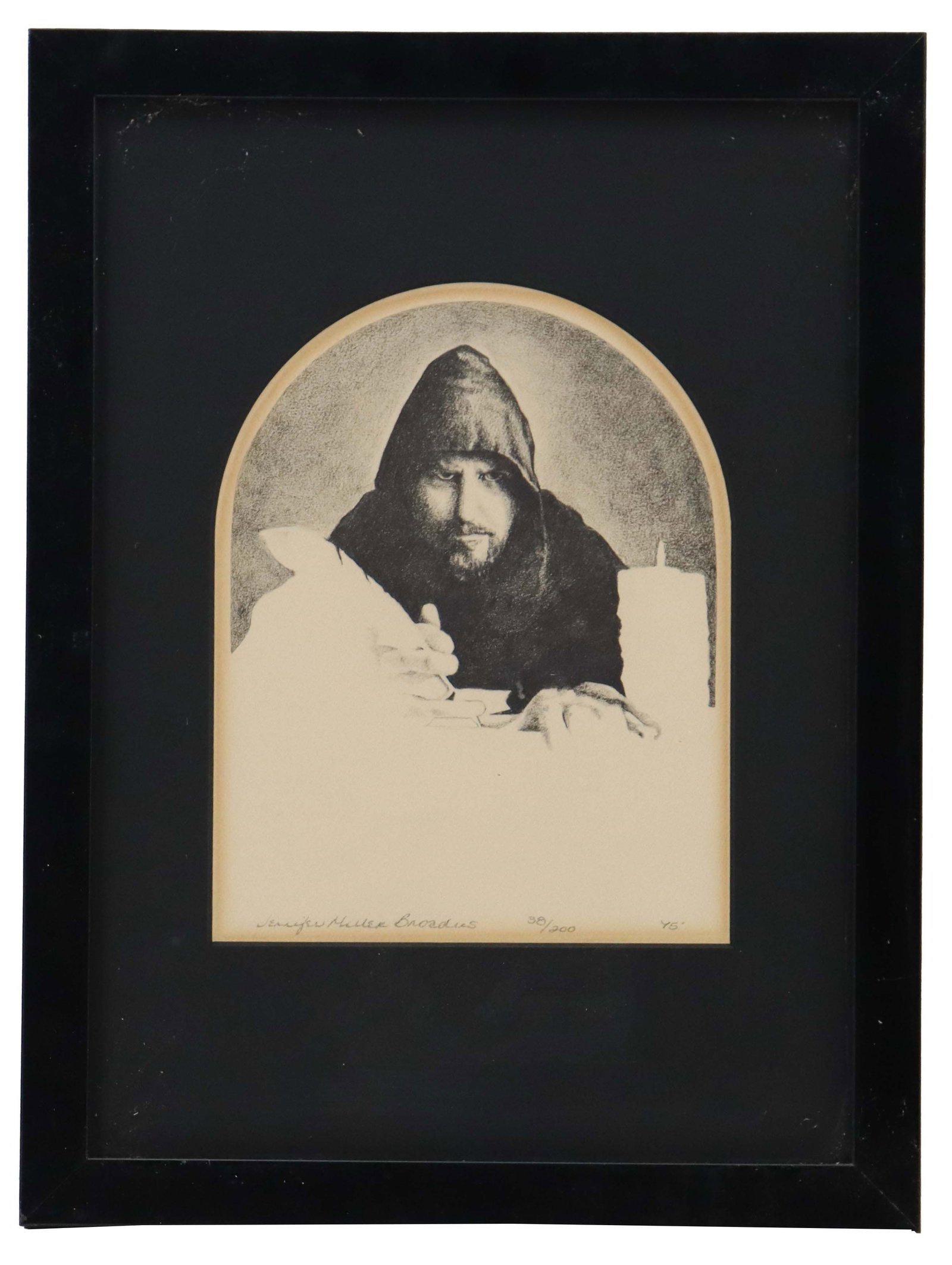 Jennifer Miller Broadus (20th/21st Century) American, Limited Edition Figural Print: Jennifer Miller Broadus (20th/21st Century) American, Limited Edition Figural Print. Depicting a hooded figure with an intense gaze, captured in charcoal-style shading as they write with a quill 