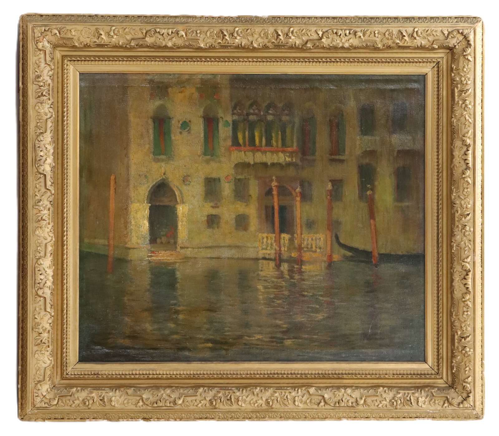 Antique Italian Oil on Canvas Venetian Canal Scene: Antique Italian Oil on Canvas Venetian Canal Scene. Piece is an oil painting in a decorative gold frame depicting a quiet, atmospheric scene of a Venetian canal front with a gondola moored near a buil