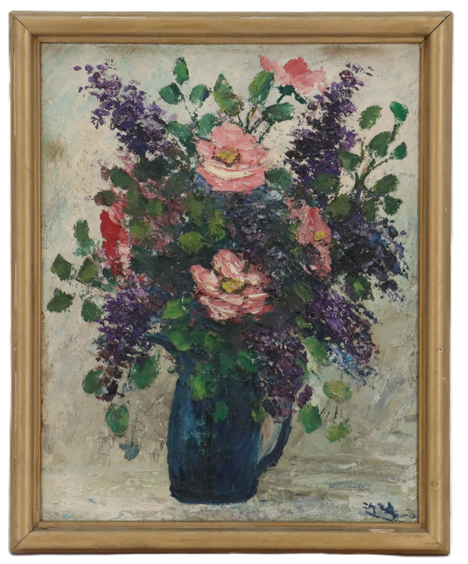 Signed Oil on Canvas Impressionist Floral Still LIfe: Signed Oil on Canvas Impressionist Floral Still LIfe. Depicting vibrant bouquet of pink roses and deep purple lilacs arranged in a dark blue pitcher, captured with thick, textured brushstrokes ag