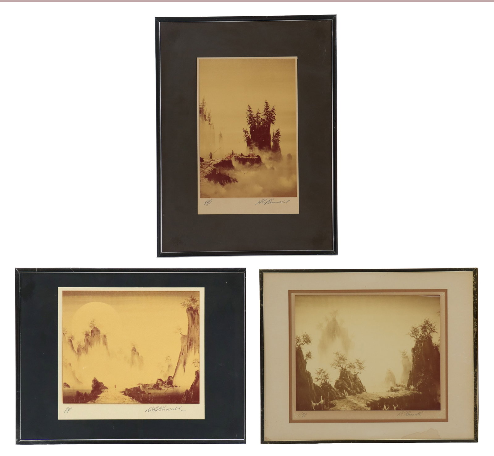 (3) R. E. Russel (20th Century) American, Sepia Photographs of the Chinese Foothills: (3) R. E. Russel (20th Century) American, Sepia Photographs of the Chinese Foothills. Lot comprised of three framed sepia-toned lithographs by R.C. Russell, each depicting ethereal mountain 