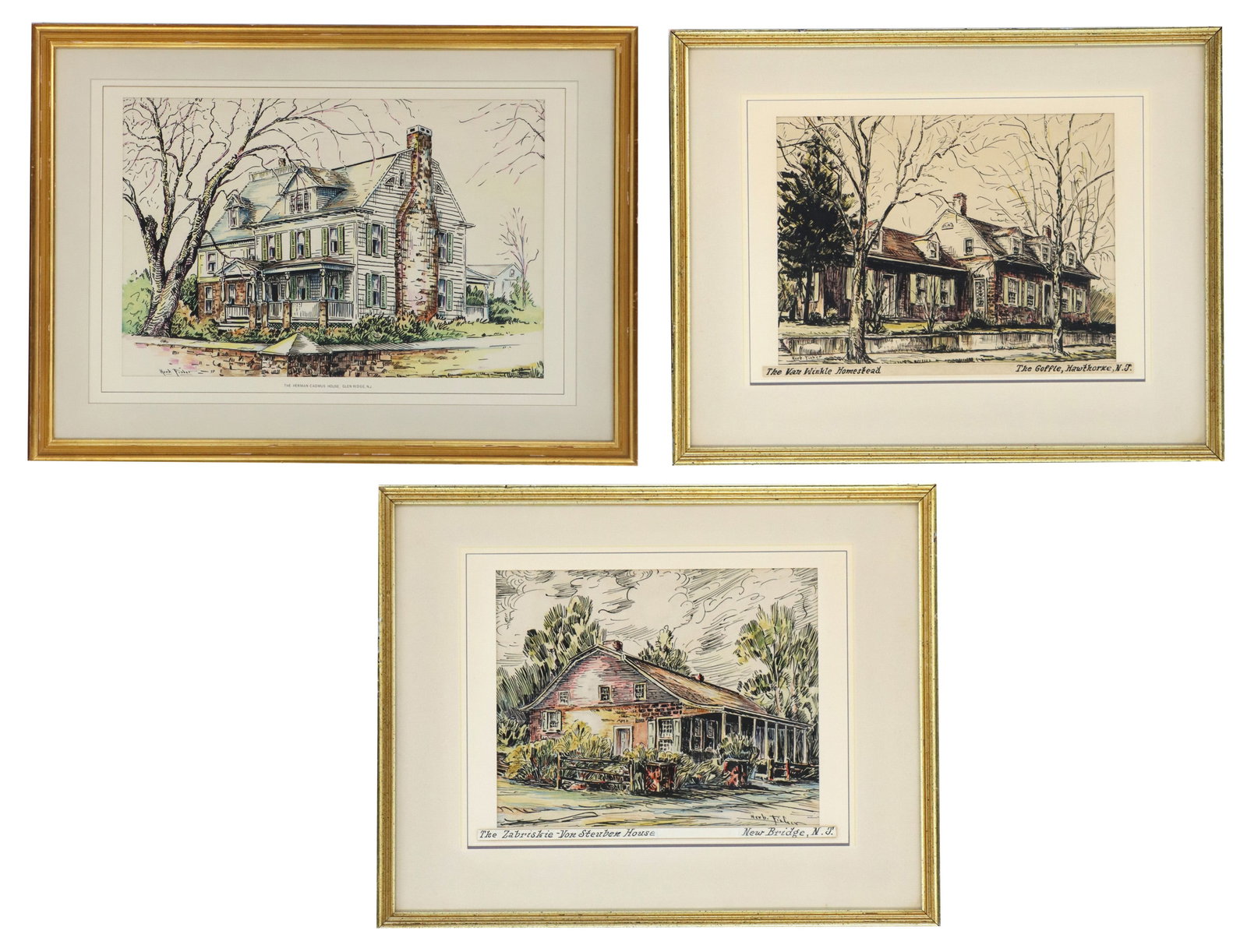 (3) Herb Fisher (20th Century) American, Hand Colored Architectural Lithograph Prints of Historic (1 of 20)