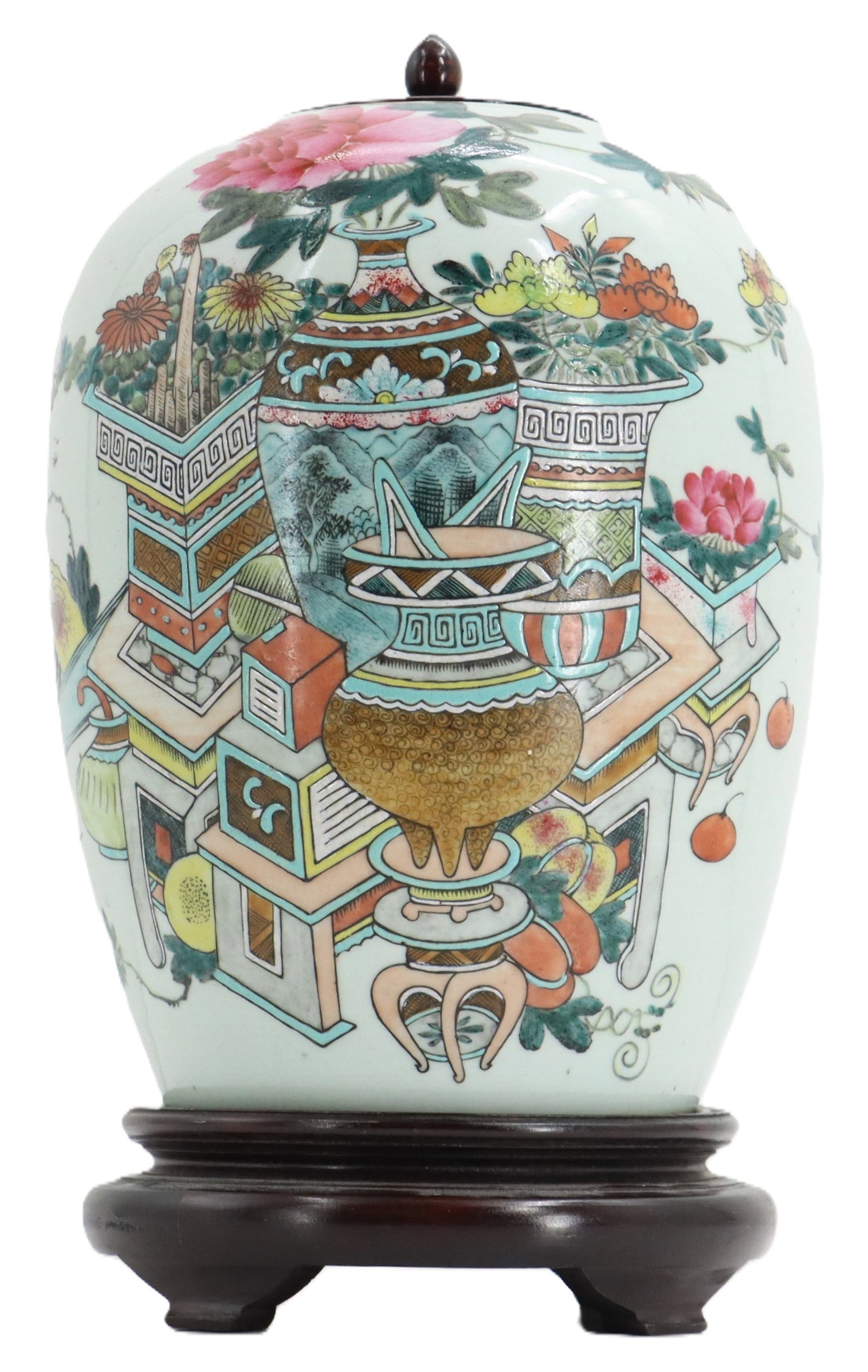 Chinese Rose Famille Qianjiangcai Porcelain Wooden Lidded Ginger Jar on Wood Base: Chinese Rose Famille Qianjiangcai Porcelain Wooden Lidded Ginger Jar on Wood Base. The large bulb shape is decorated on one side in the Qianjiangcai ("One Hundred Treasures") style, with var