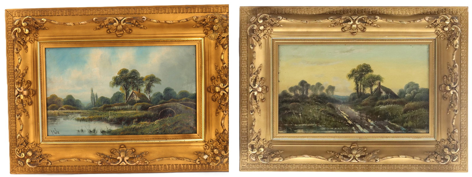 Edwin Cole, Pair of 19th Century Oil on Canvas English Landscape Paintings: Edwin Cole, Pair of 19th Century Oil on Canvas English Landscape Paintings. Circa 1900. Country scenes with cottages with thatched roofs. Both signed. Overall Size: 30 x 21 1/2 in. Sight Size: 1