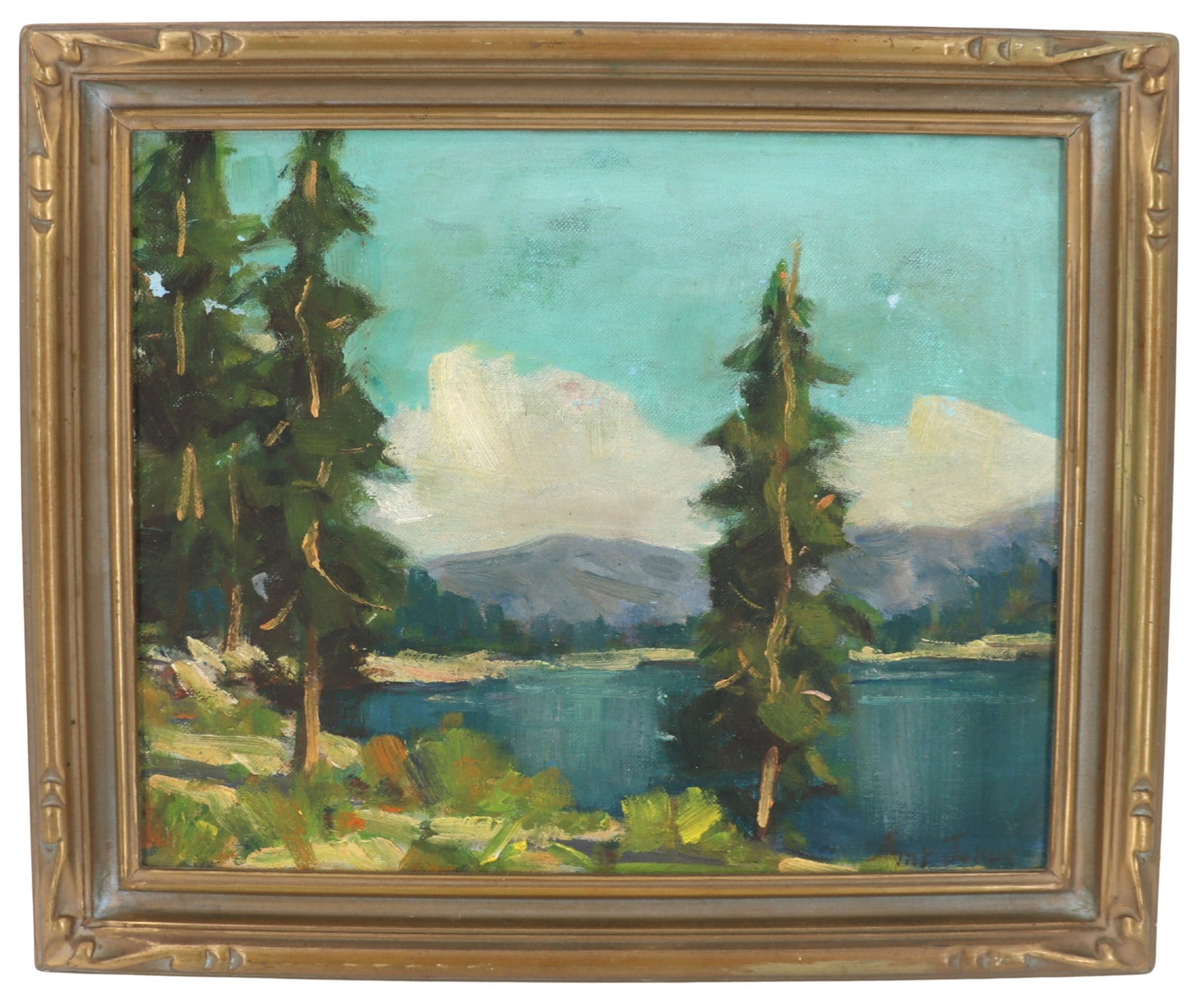 Vintage Oil on Canvas California Landscape, "Big Bear Lake": Vintage Oil on Canvas California Landscape, "Big Bear Lake". Overall Size: 10 x 12 in. Sight Size: 8 x 9 1/2 in. 