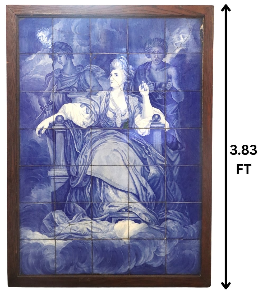 Baroque Style Blue and White Tin Glazed Ceramic Tile Composition of Seated Woman (1 of 13)