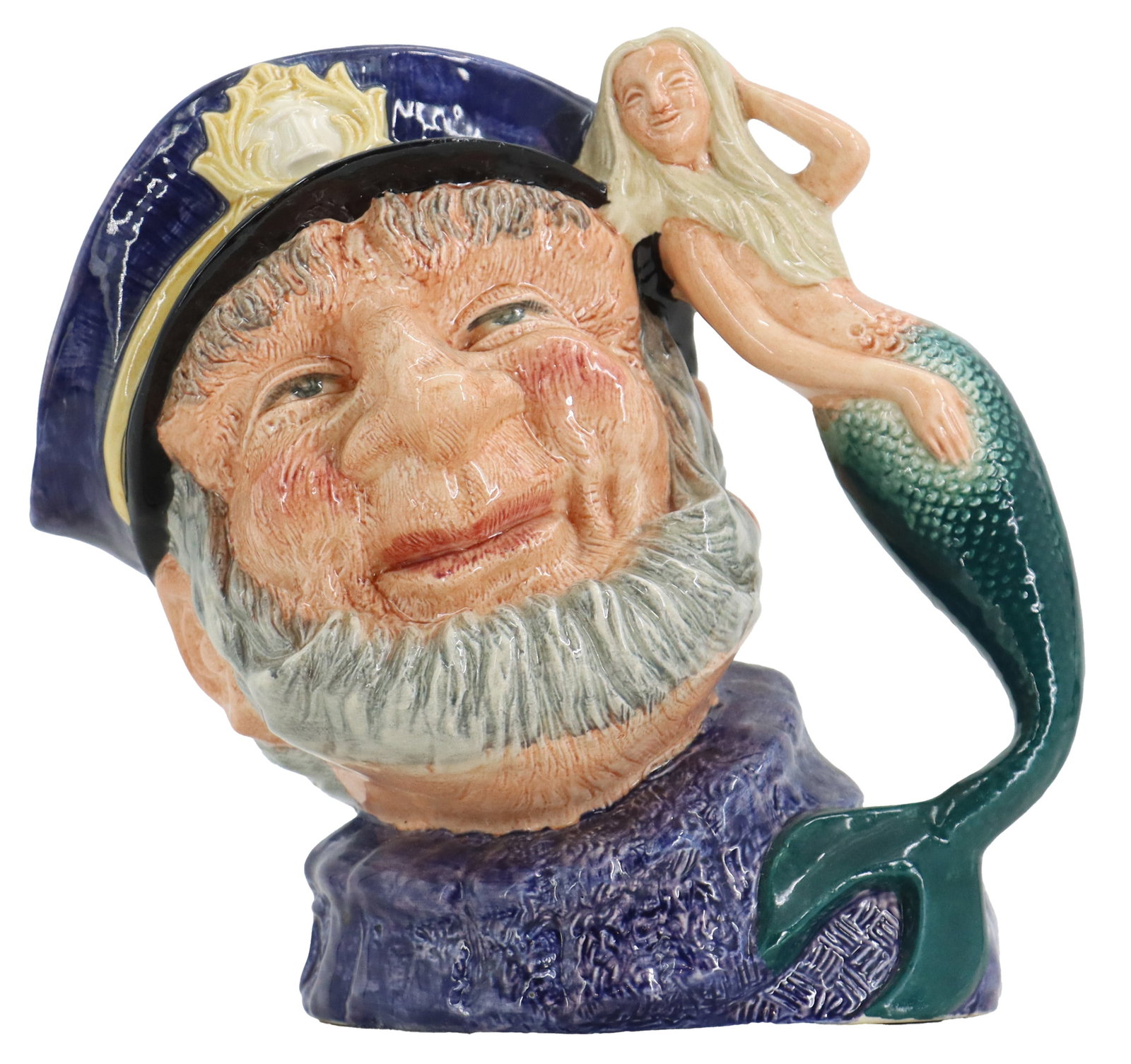 English Royal Doulton Old Salt Sculptural Ceramic Drinking Mug: English Royal Doulton Old Salt Sculptural Ceramic Drinking Mug. A delightfully quirky piece, with a bearded seaman in cap and cableknit sweater making up the body of the cup, and a beautifully posing 
