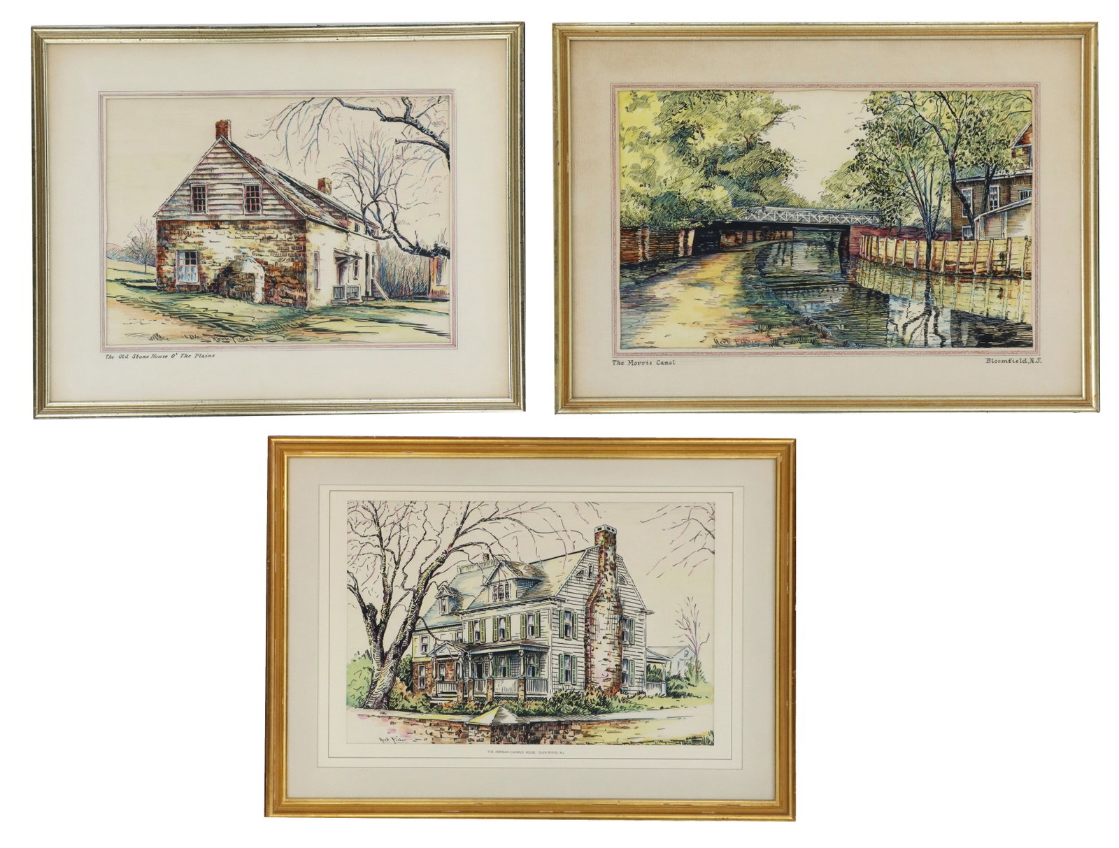 (3) Herb Fisher (20th Century) American, Hand Colored Lithograph Prints of Historic New Jersey Homes (1 of 20)