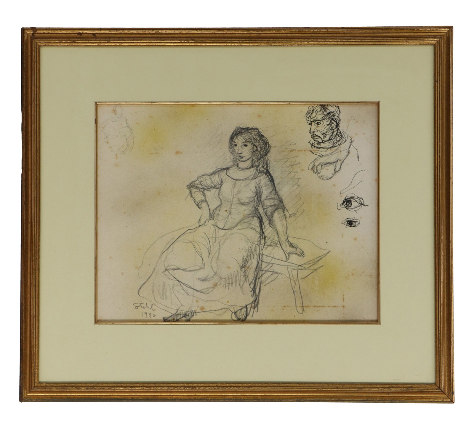 Ben Stahl (1910-1987) American, Pen/Graphite Sketch on Paper: Ben Stahl (1910-1987) American, Pen/Graphite Sketch on Paper. Likely a series of anatomical studies, including a fully realized image of a woman in a shirt and full-length skirt, the unfinished upper 