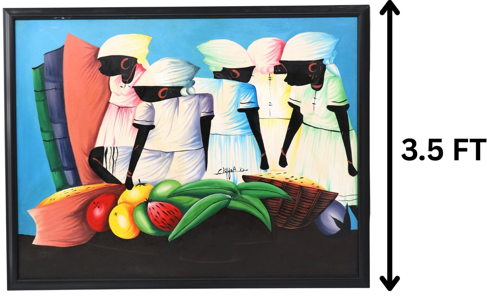 Large Haitian Acrylic on Canvas Folk Art: Large Haitian Acrylic on Canvas Folk Art. A vibrant, stylized market scene depicting five figures in white and pastel clothing gathered behind a colorful assortment of tropical fruits and baskets