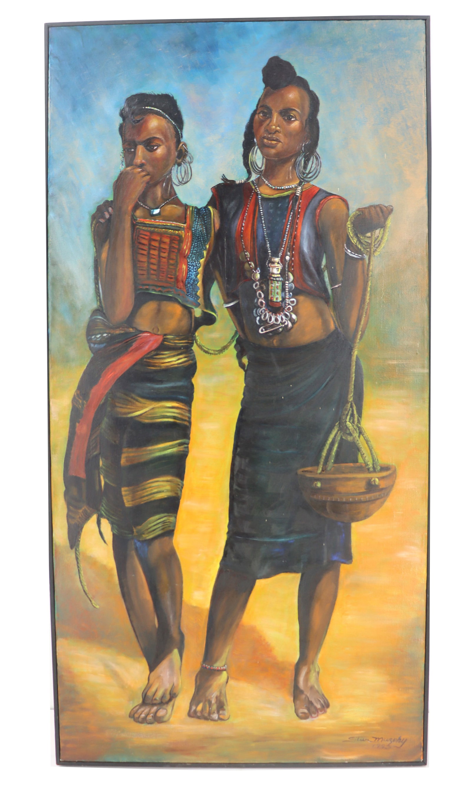 Steve Murphy, 20th Century Large Oil on Canvas Painting of Two African Women: Steve Murphy, 20th Century Large Oil on Canvas Painting of Two African Women. Signed and dated lower right. Overall Size: 48 1/2 x 24 1/2 in. Sight Size: 47 1/2 x 23 1/2 in.