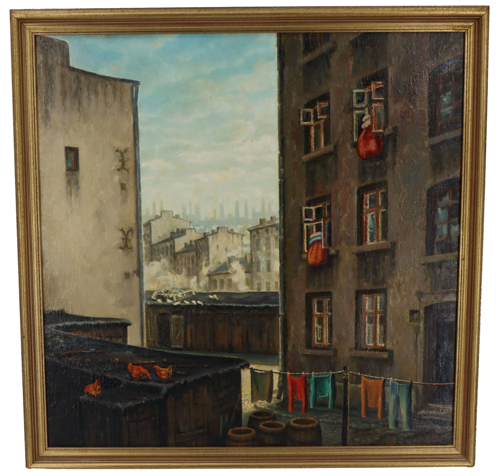 Wladyscaw Kaliski, 20th Century Polish Oil on Canvas Cityscape: Wladyscaw Kaliski, 20th Century Polish Oil on Canvas Cityscape. Chickens on rooftops and laundry drying. Exhibition label on the reverse. Overall Size: 26 1/2 x 26 1/2 in. Sight Size: 23 1/
