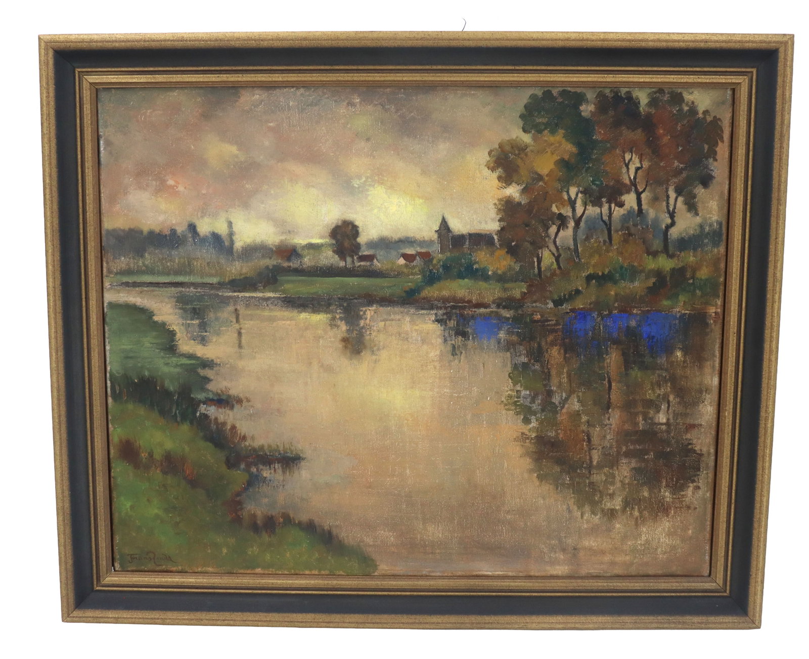 Frans Ronda (1899-1976) Dutch, River Landscape: Frans Ronda (1899-1976) Dutch, River Landscape. Near Maastricht, Holland. Frans Huburtus Cornelius Ronda was known for landscapes and wood engravings. Overall Size: 27 1/2 x 33 1/2 in. Sight Size: 22 