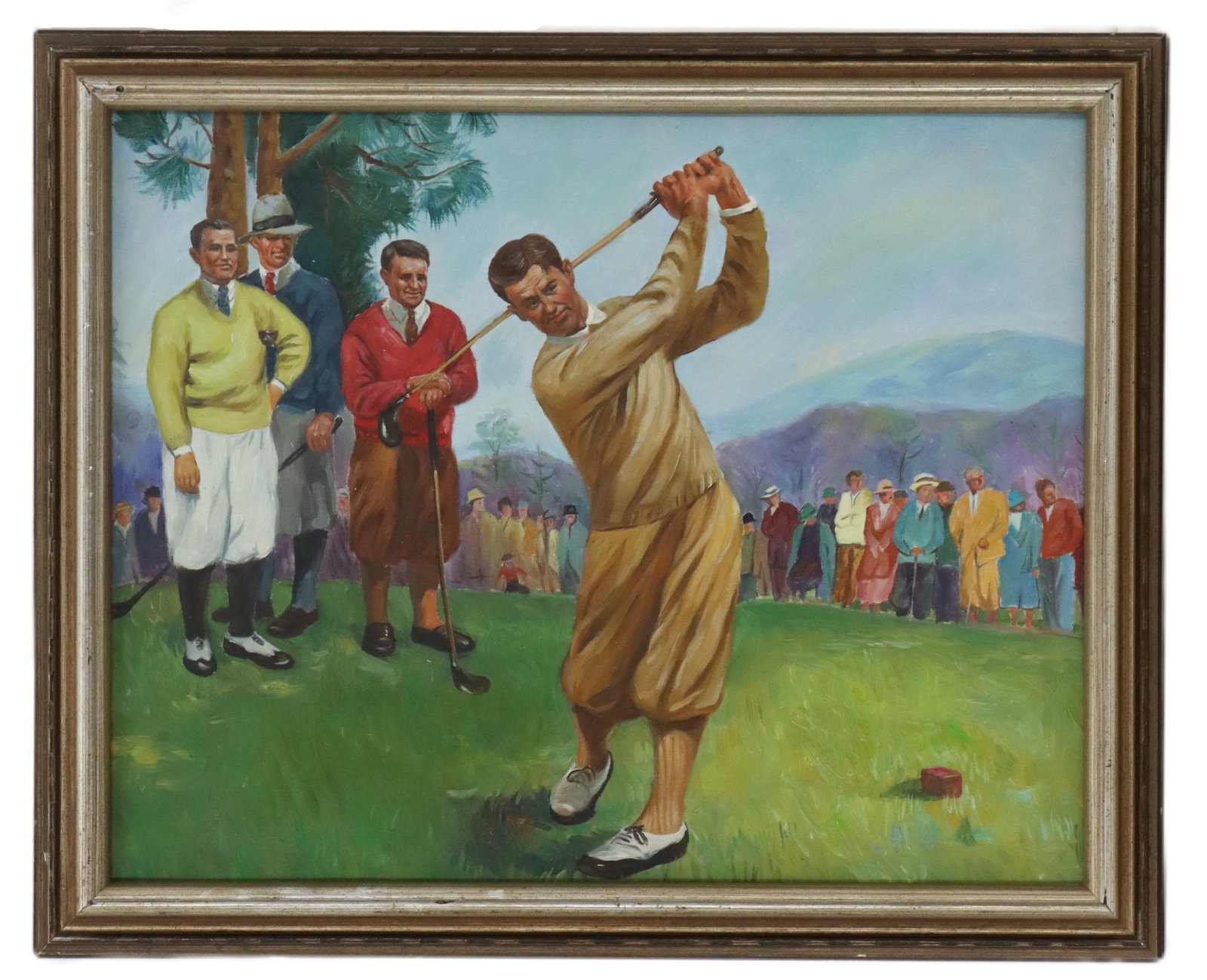 After Lealand Gustavson Golding, Painting of 1930's Champion Bobby Danes: After Lealand Gustavson Golding, Painting of 1930's Champion Bobby Danes. Depicted mid swing with Walter Hagen, Gene Sarazen, and Tommy Armour. Overall Size: 18 3/4 x 22 3/4 in. Sight Size: