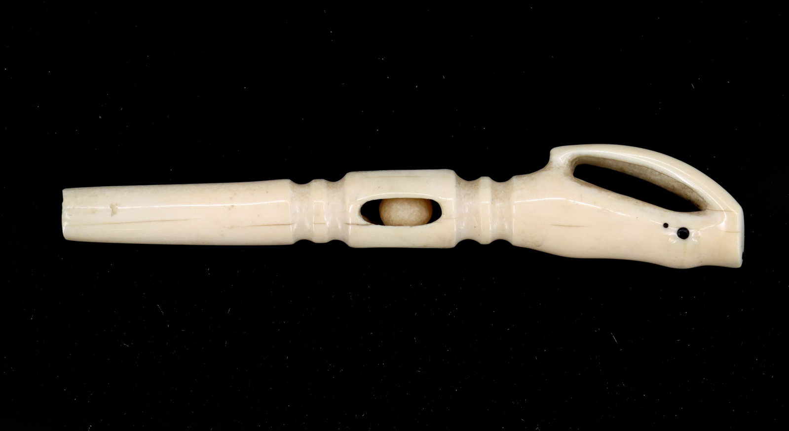 Antique Eskimo Carved Bone Cane or Walking Stick Handle with Walrus Top and Ball in Cage Beneath (1 of 13)