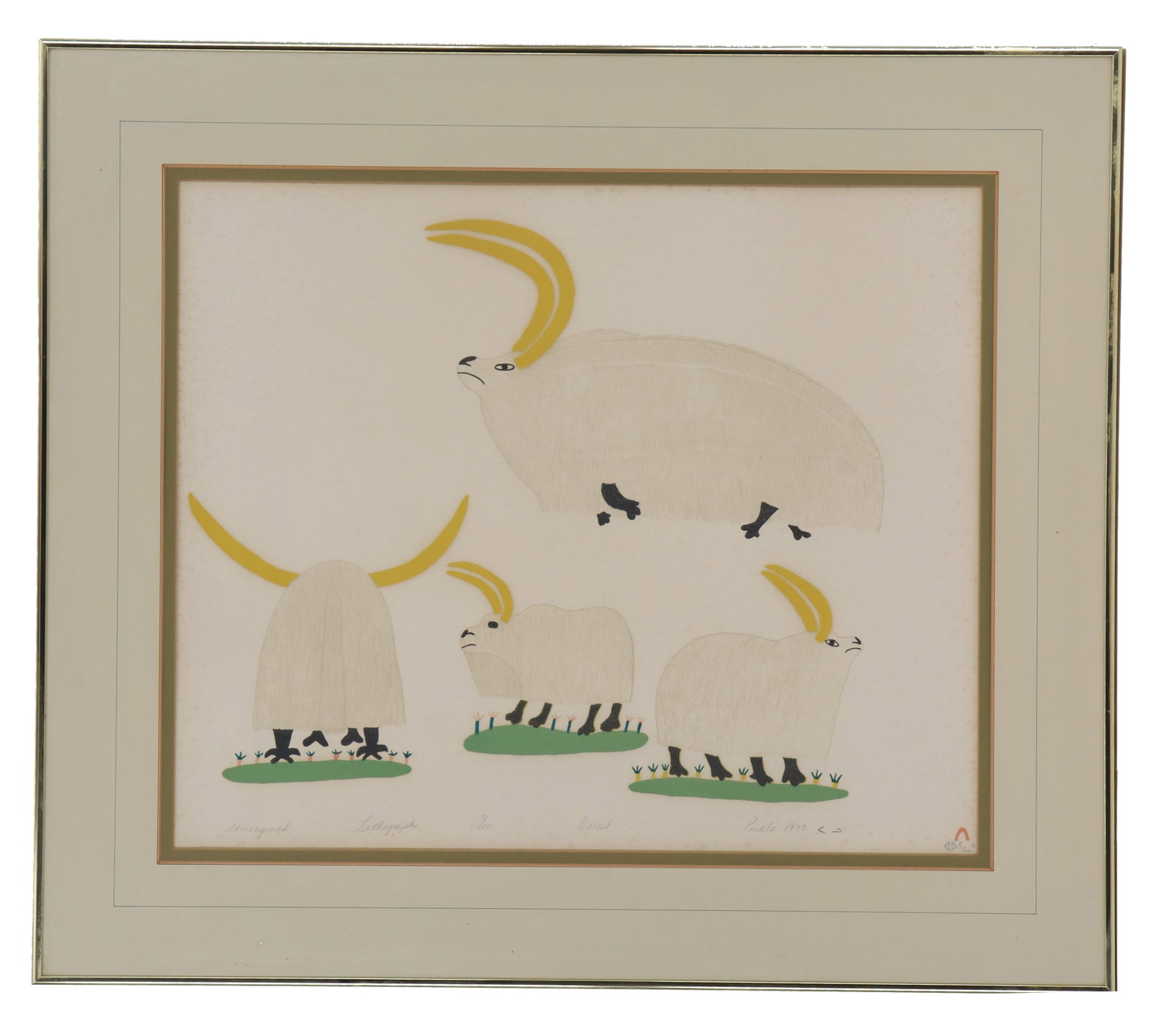 Pudlo Pudlat (1916-1992) Canadian/Inuk/Inuit, Signed and Numbered Lithograph: Pudlo Pudlat (1916-1992) Canadian/Inuk/Inuit, Signed and Numbered Lithograph. From one of the most celebrated indigenous artists of all time, it depicts four musk ox from various perspectives. The tit