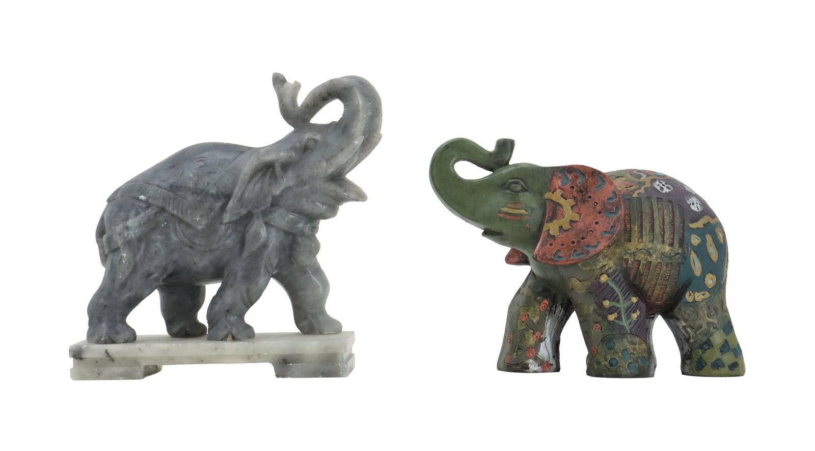 (2) Vintage Painted Marble and Composite Good Fortune Elephants: (2) Vintage Painted Marble and Composite Good Fortune Elephants. Lot comprised of two small elephant figurines: one is a grey, classically carved stone piece on a rectangular base, and the other