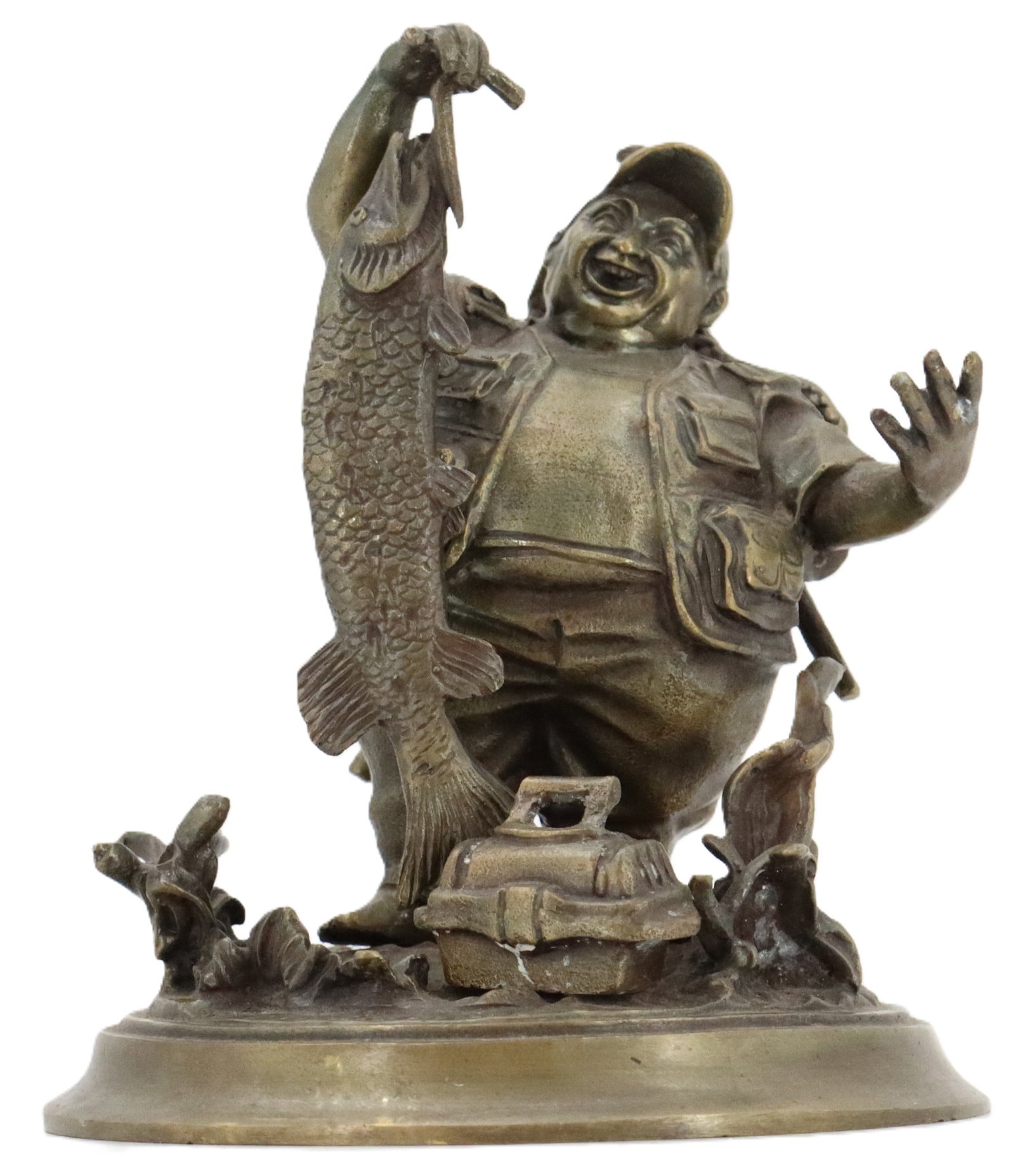 S. Zorin (20th Century) Russian, 2007 Cast Bronze Fisherman with Pike Sculpture: S. Zorin (20th Century) Russian, 2007 Cast Bronze Fisherman with Pike Sculpture. Depicts a caricature of a fisherman, rotund and gleeful, barefoot but overly prepared, with a tacklebox at his feet and