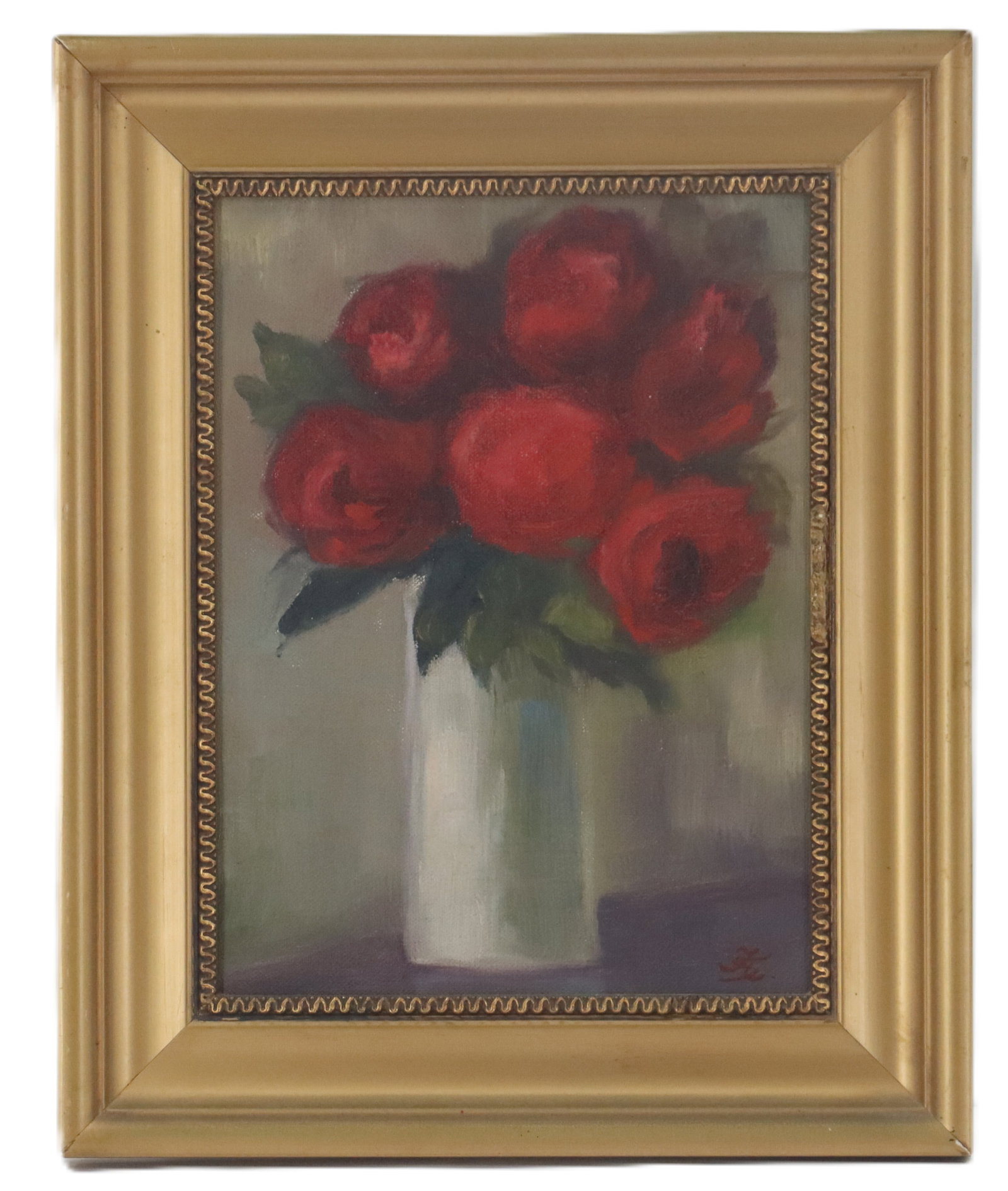 Mid-Century Oil on Canvas Still Life Painting: Mid-Century Oil on Canvas Still Life Painting. Red roses in a tall white vase. Signed lower right with artist's monogram. Overall Size: 14 1/4 x 11 1/2 in. Sight Size: 10 x 7 1/2 in. 