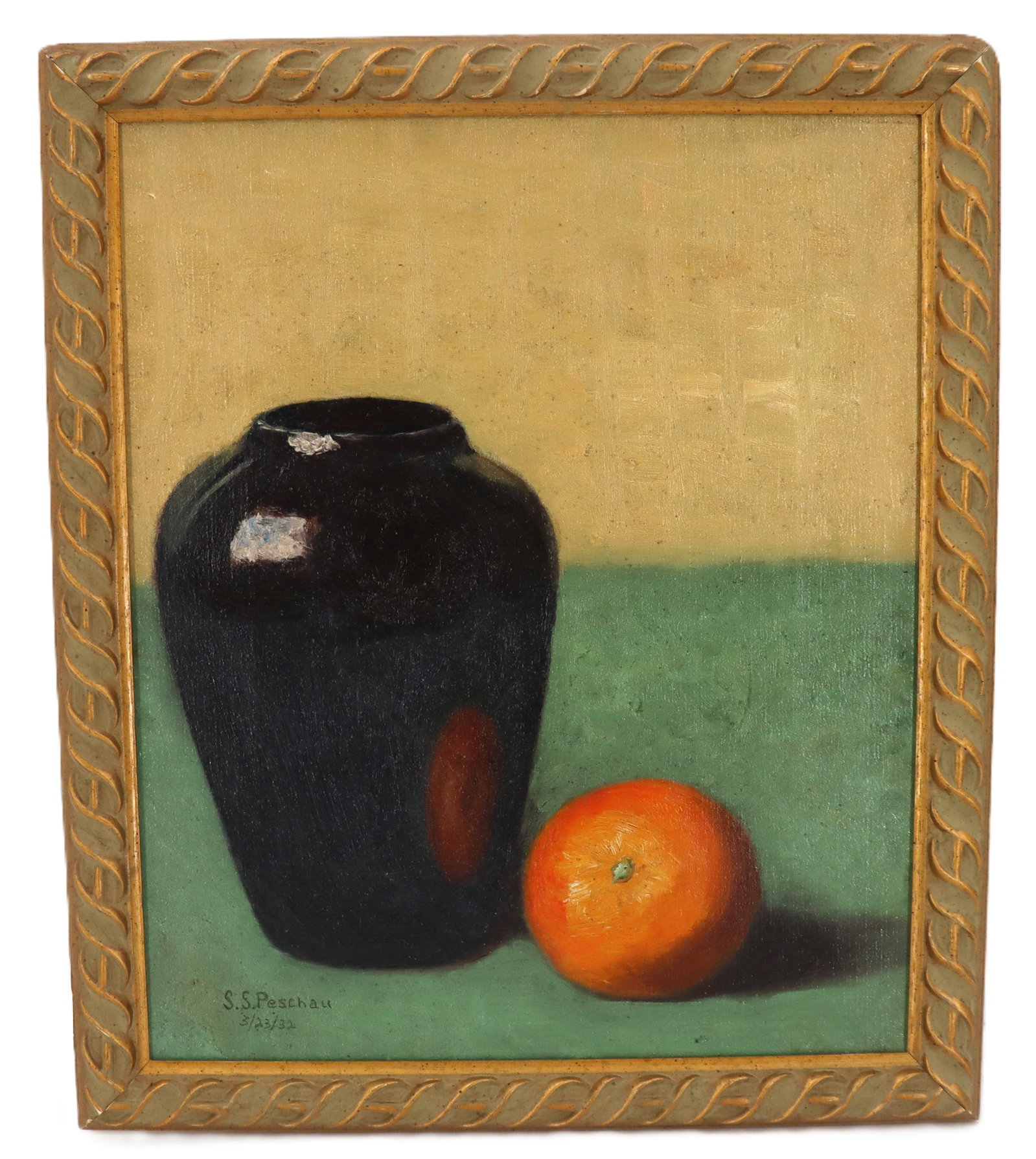 1930s Oil on Canvas Still Life with Vase and Orange: 1930s Oil on Canvas Still Life with Vase and Orange. Signed S.S. Peschau and dated 1932 lower left. Overall Size: 13 1/2 x 11 1/2 in. Sight Size: 11 1/2 x 9 1/2 in. 