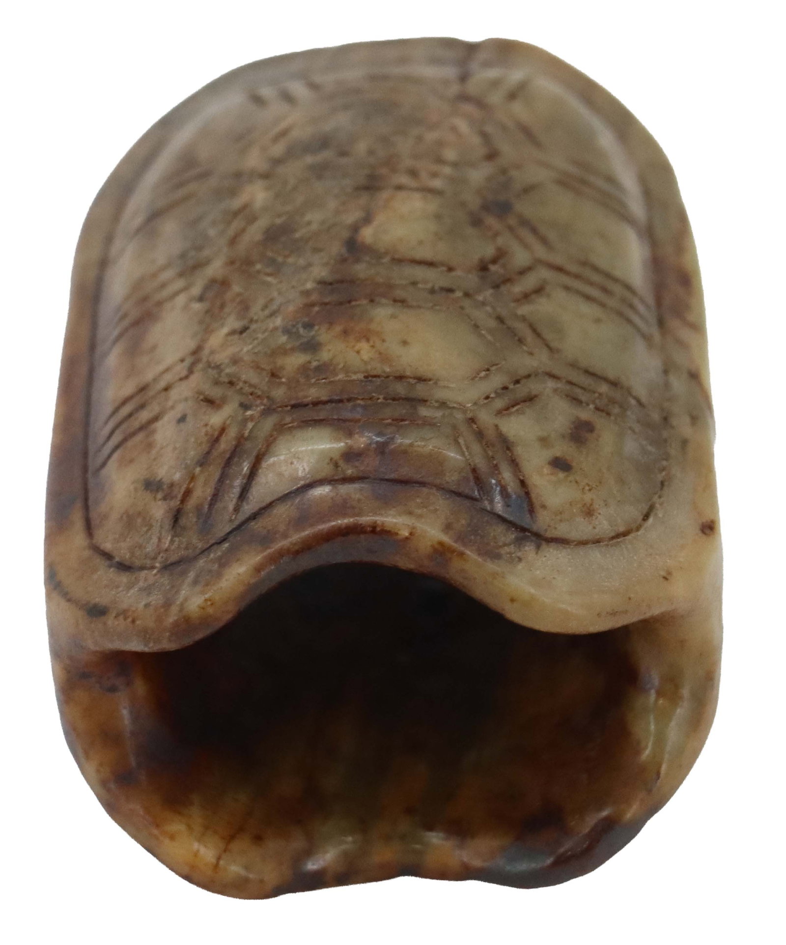 Chinese Carved Stone Turtle Shell Bead: Chinese Carved Stone Turtle Shell Bead. Small, carved stone with distinct, stylized shell-like geometric pattern and a single recessed opening, likely serving as a decorative component or a component 
