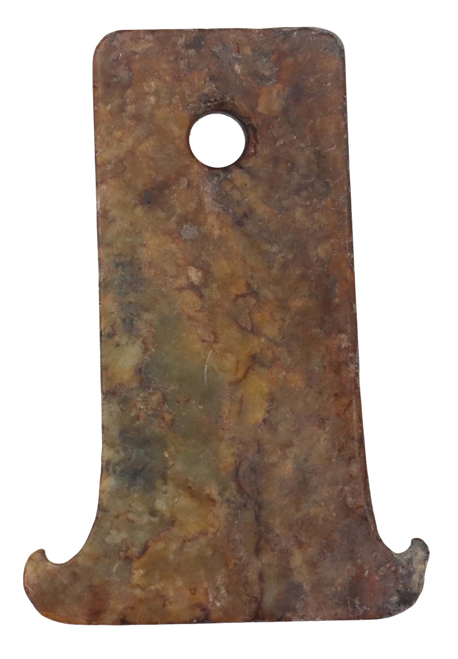 Antique Chinese Russet Jade Tag Pendant: Antique Chinese Russet Jade Tag Pendant. Flat, brown stone pendant or charm featuring an elongated rectangular body that flares at the base with small, hook-like protrusions and includes a single