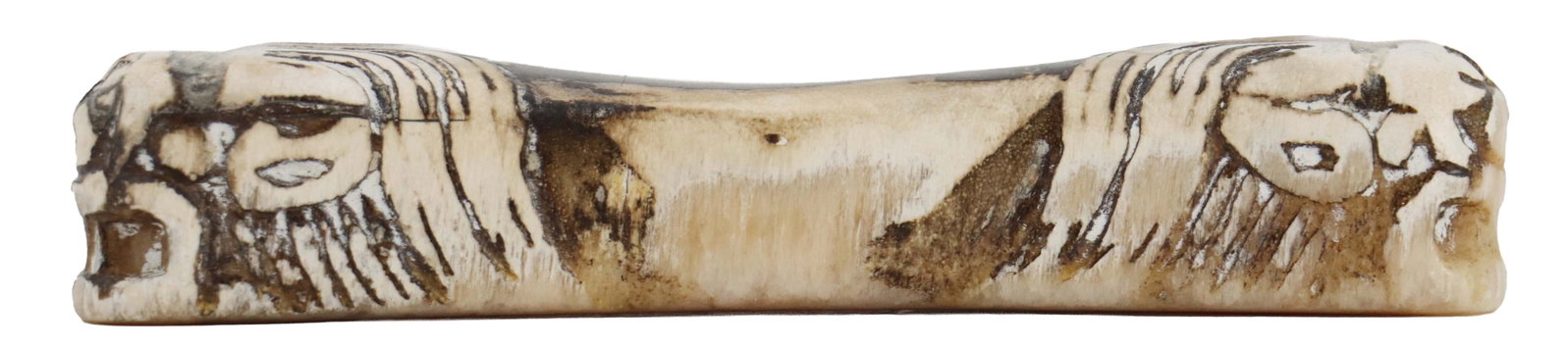 Chinese Carved Bone Brush Rest: Chinese Carved Bone Brush Rest. Carved gone brush rest with hand painted images of mythological beasts on either side. Size: 4 1/2 x 1 1/4 x 3/4 in. 
