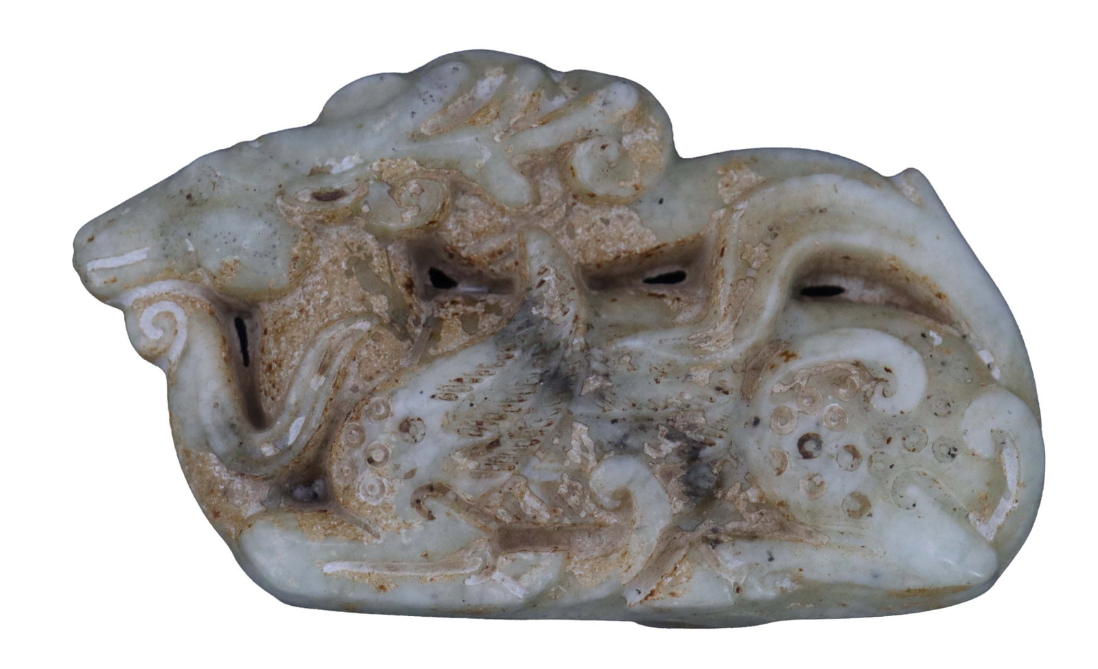 Chinese Hand Carved Jade Bixie Figure: Chinese Hand Carved Jade Bixie Figure. Two sets of horns or antlers protrude from the grotesque body, with the stone covered in the original rock it rested in demonstrating a more modern rough-hewn