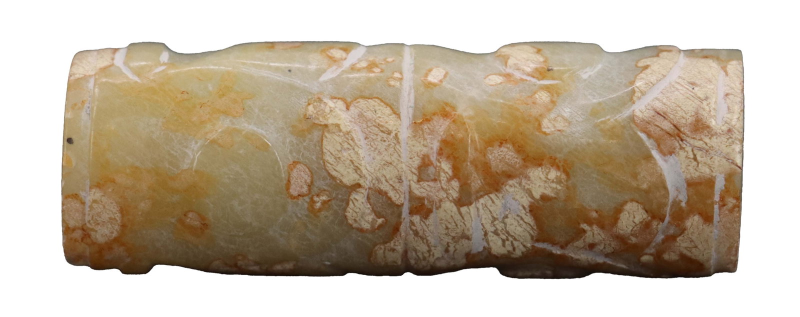 Chinese Carved Jade Brush Rest: Chinese Carved Jade Brush Rest. Carved jade brush rest featuring a mottled pale green and tan surface with natural veins and carved horizontal grooves. Size: 2 x 3/4 x 3 /4 in. 