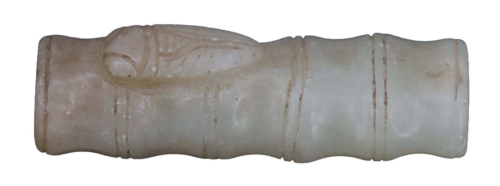 Chinese Carved Bamboo Form Jade Brush Rest or Pendant: Chinese Carved Bamboo Form Jade Brush Rest or Pendant. Includes a leaf decoration and a series of parallel lines line on the body of bamboo. Small hole at one end for a thin brush handle to be